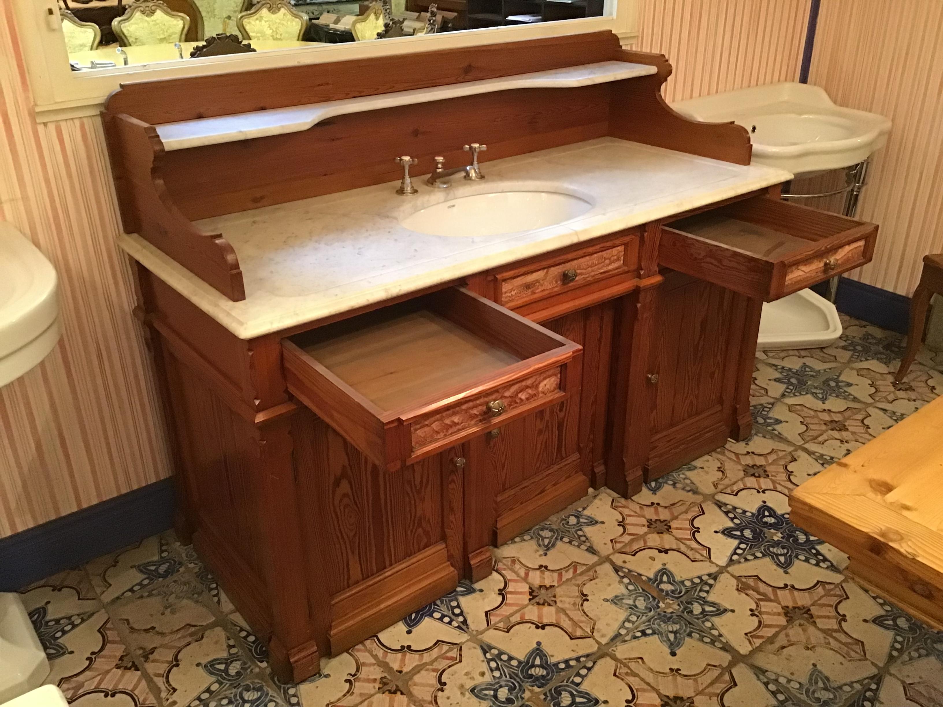 Late 19th Century 19th Century French Pitch Pine Cupboard Sink with Marble Top, 1890s For Sale