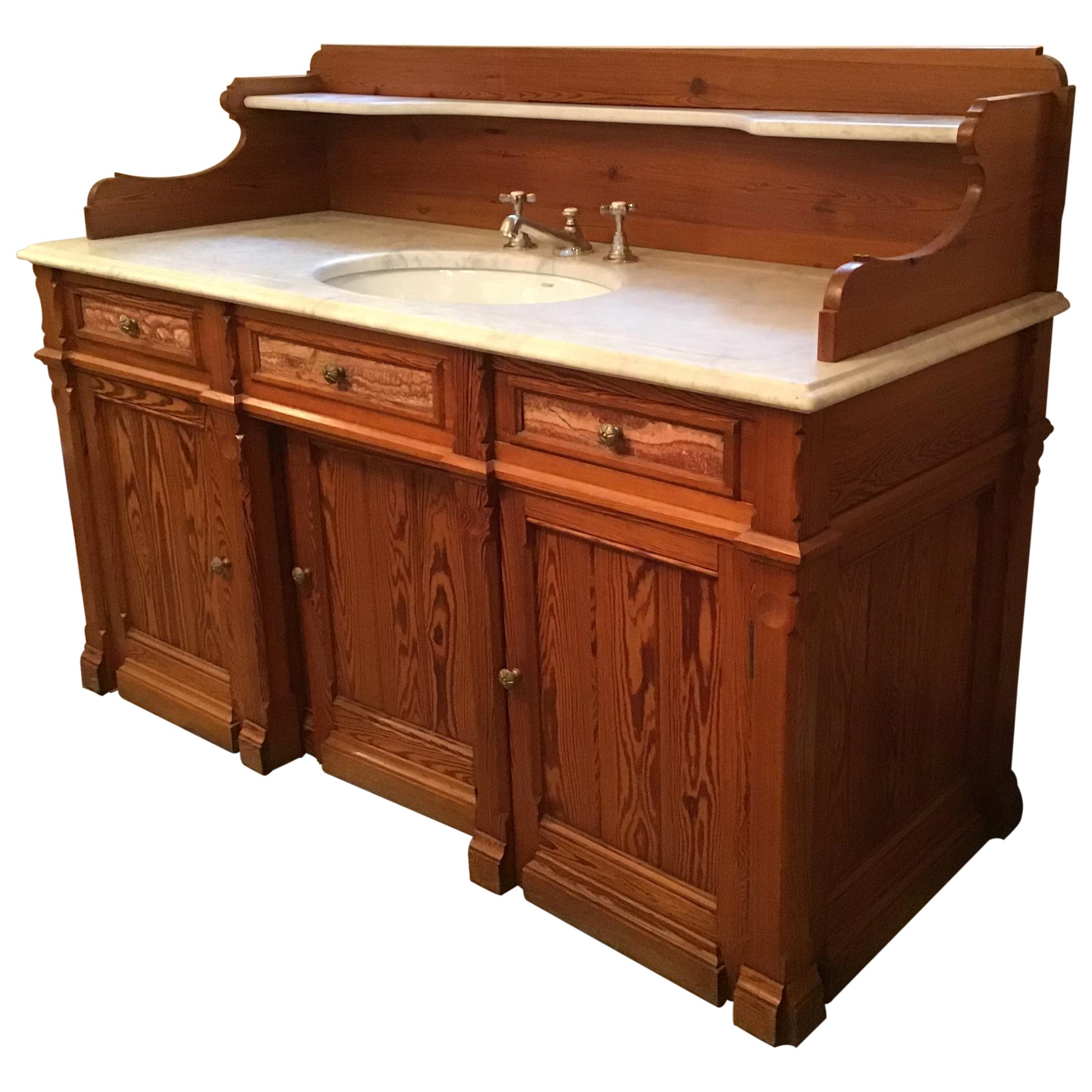 19th Century French Pitch Pine Cupboard Sink with Marble Top, 1890s For Sale