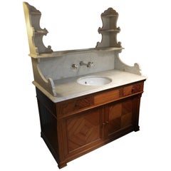 Antique 19th Century French Pitch Pine Cupboard Sink with Original Marble Top, 1890s