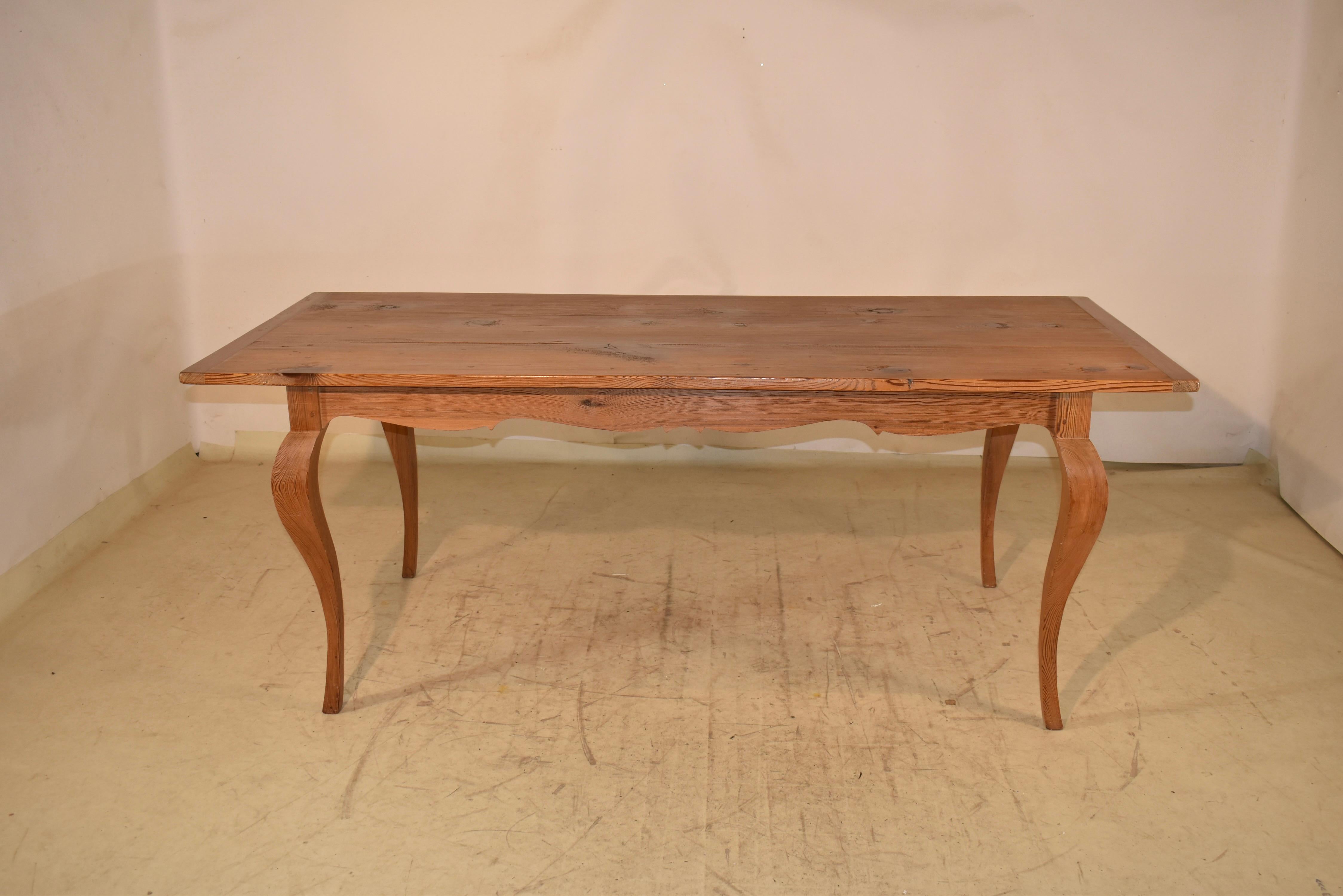 Table de ferme française du XIXe siècle en pitch-pin.  Le plateau est cerclé aux extrémités et est construit avec des chevilles.  Le dessus descend jusqu'à un simple tablier festonné, qui mesure 25 pouces de hauteur.  Le site  La table repose sur