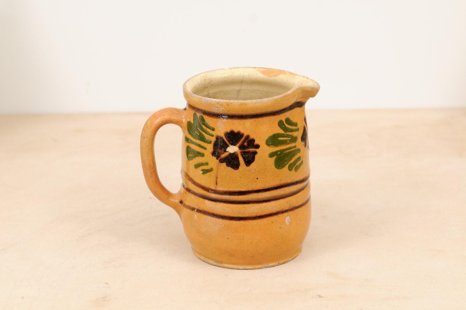 19th Century French Pitcher with Yellow, Brown and Green Glaze and Pansies In Good Condition In Atlanta, GA