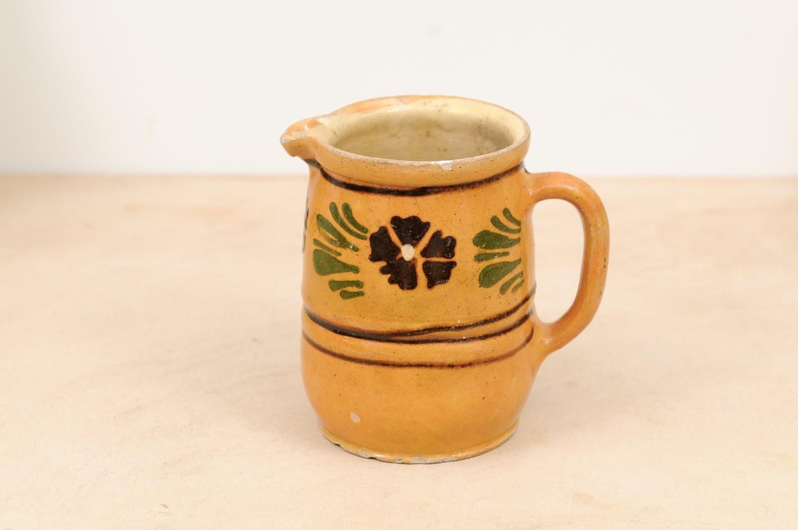 19th Century French Pitcher with Yellow, Brown and Green Glaze and Pansies 3