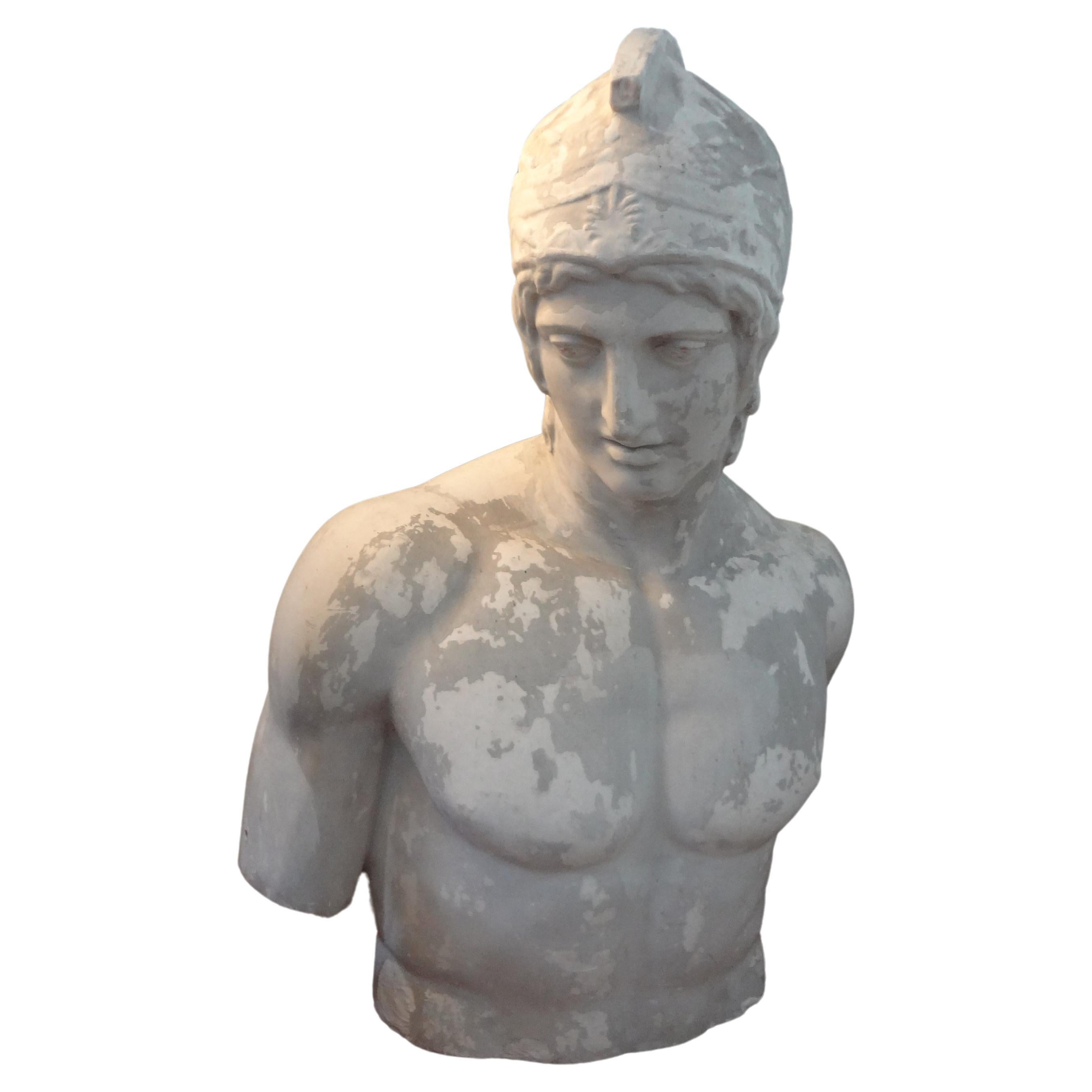 19th Century French Plaster Bust Of A Classical Greek.
Beautifully patinated monumental antique French plaster bust of a classical Greek male. This statement bust would be great displayed on a pedestal, console table, commode, credenza or center