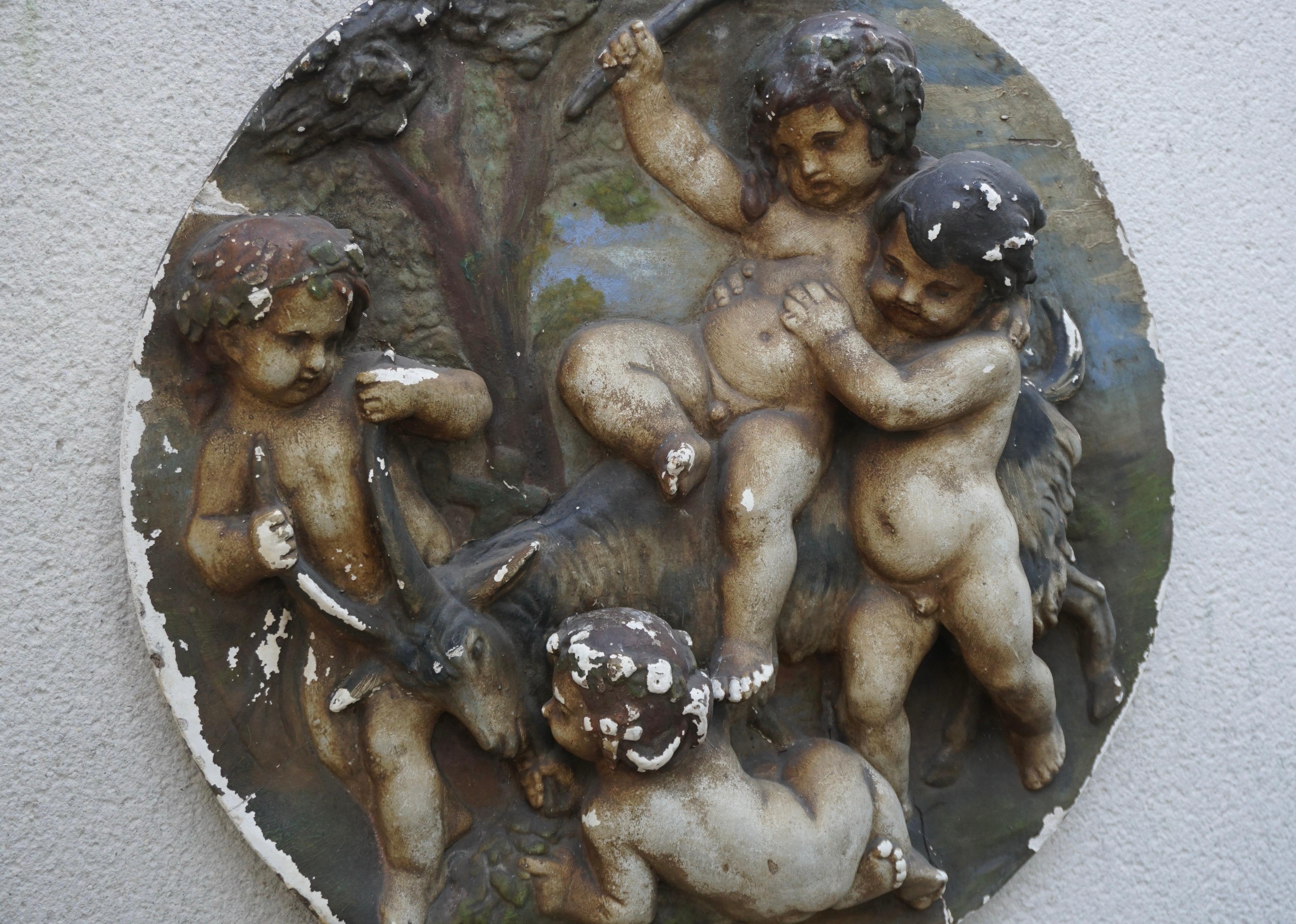 Hand-Crafted 19th Century  French Plaster Relief Plaque of Four Putti Cherubs For Sale