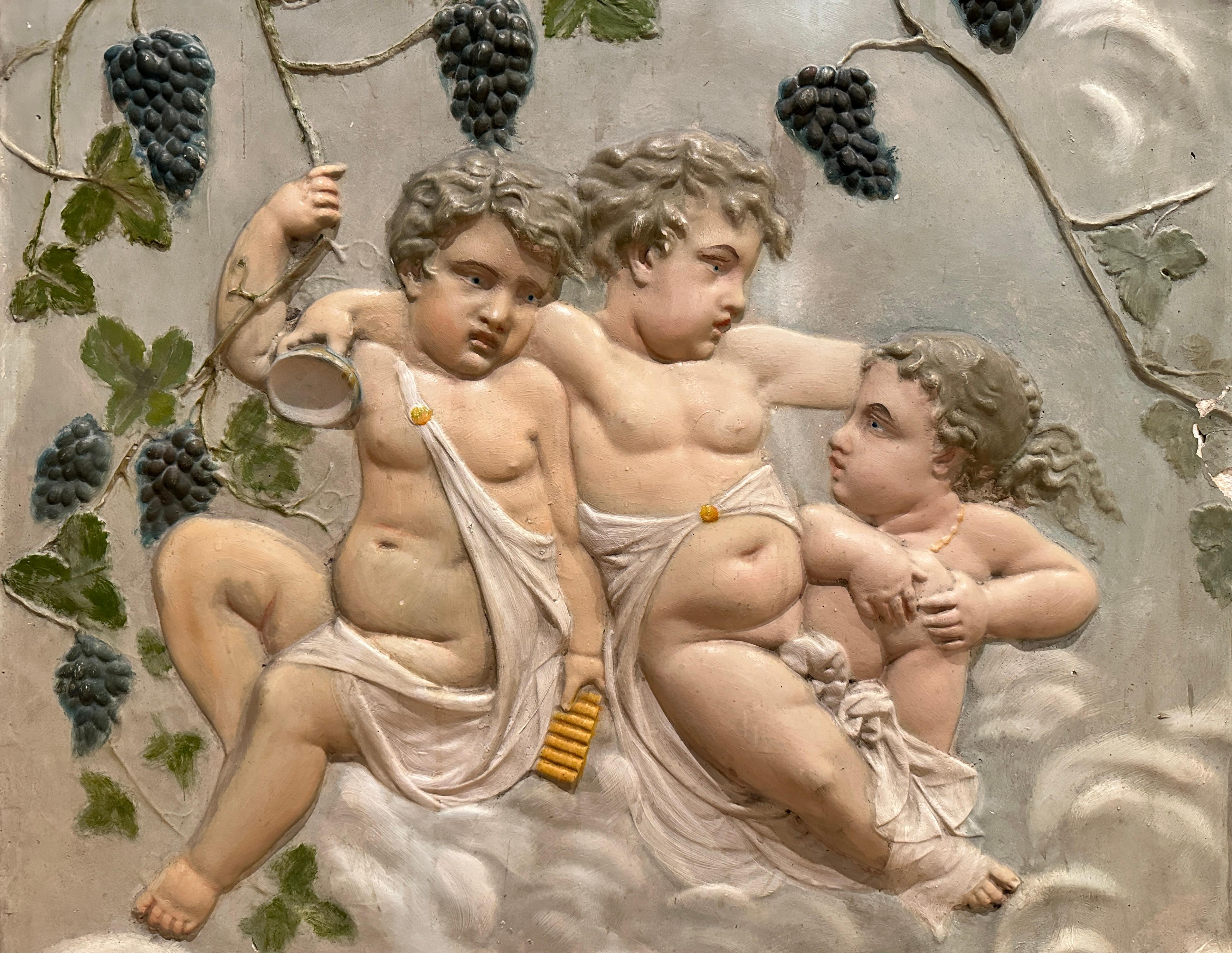 Baroque 19th Century French Plaster Relief Plaque Of Young Bacchus And Putti For Sale