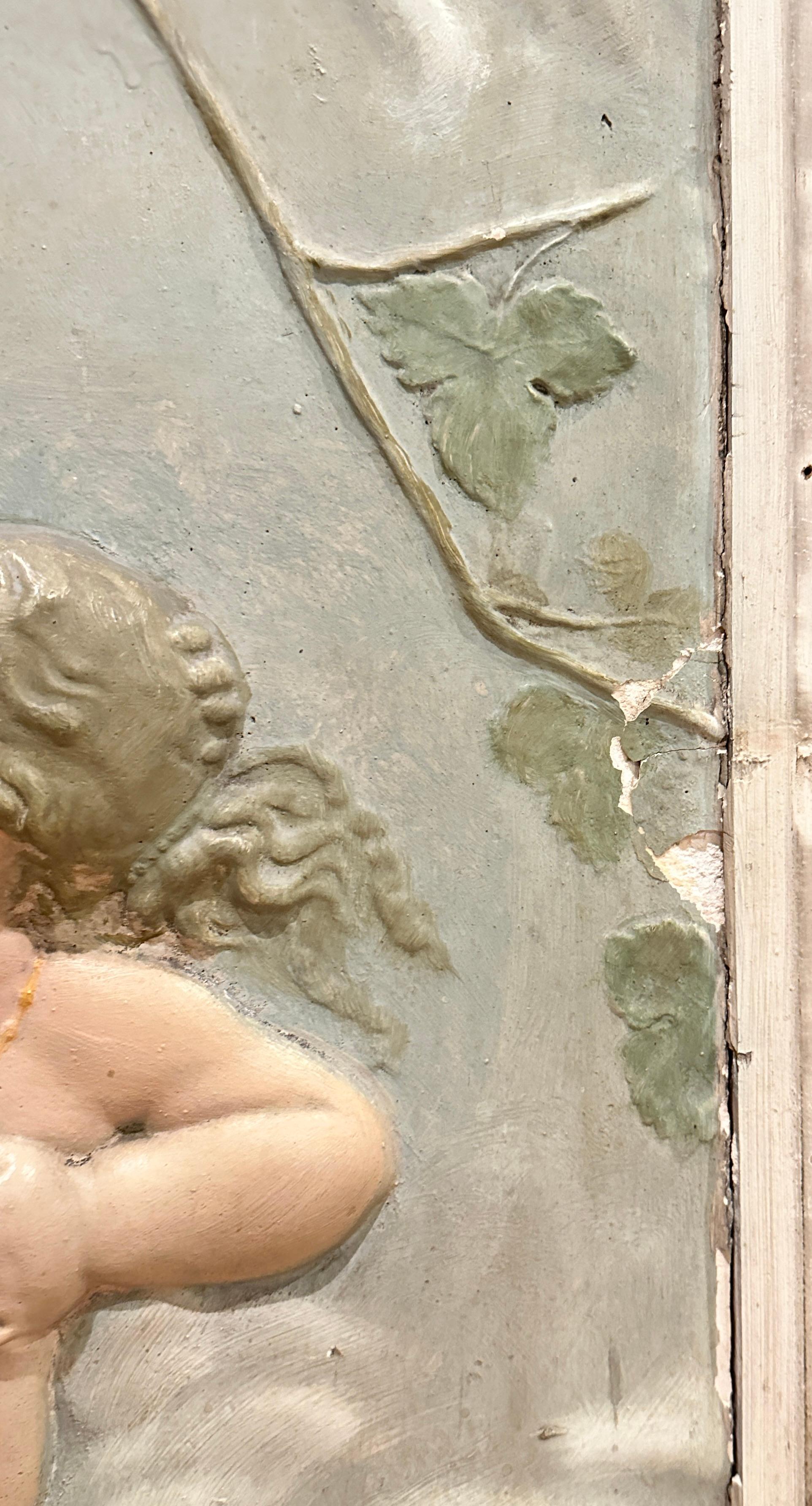Painted 19th Century French Plaster Relief Plaque Of Young Bacchus And Putti For Sale