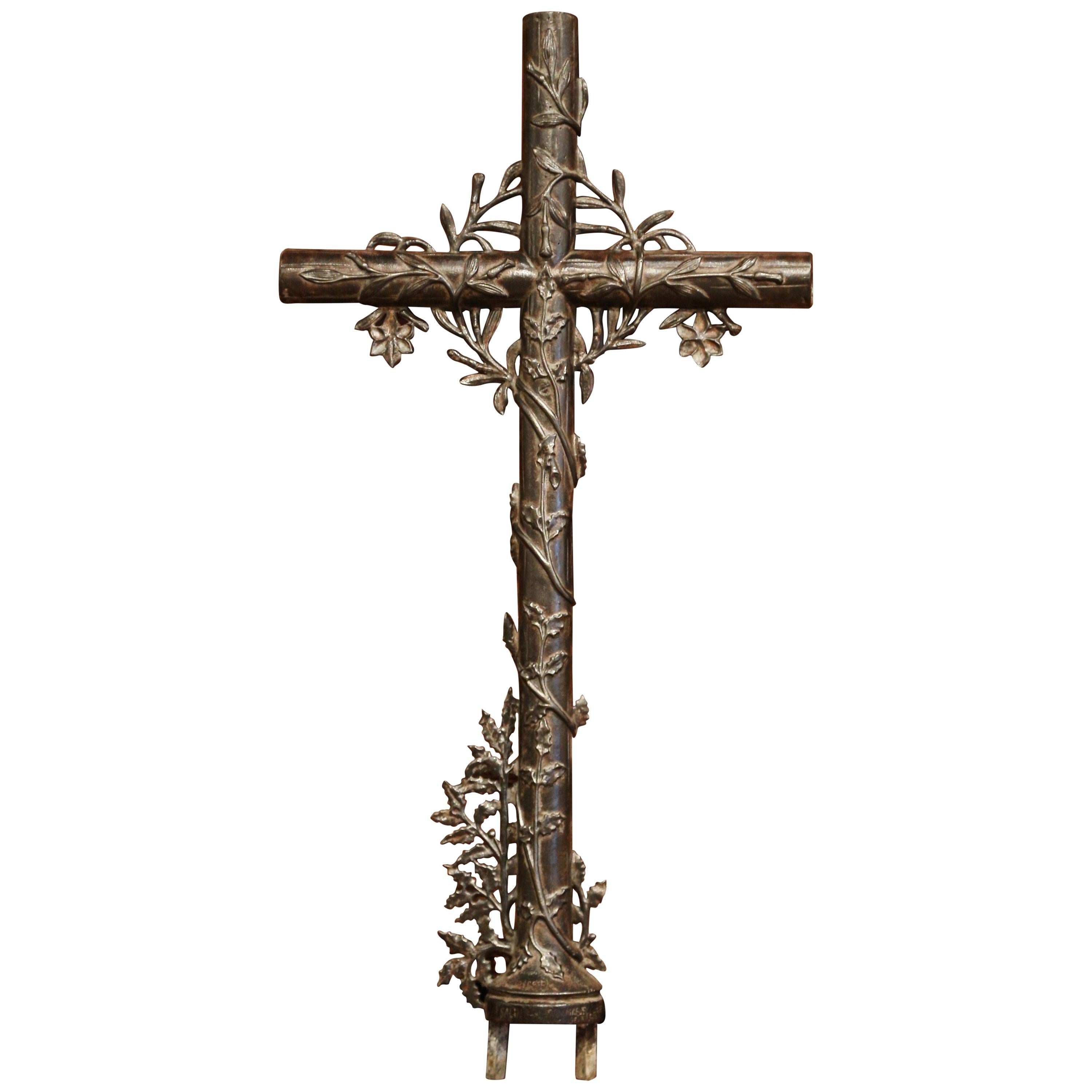 19th Century French Polished and Patinated Iron Garden Cross with Floral Motifs