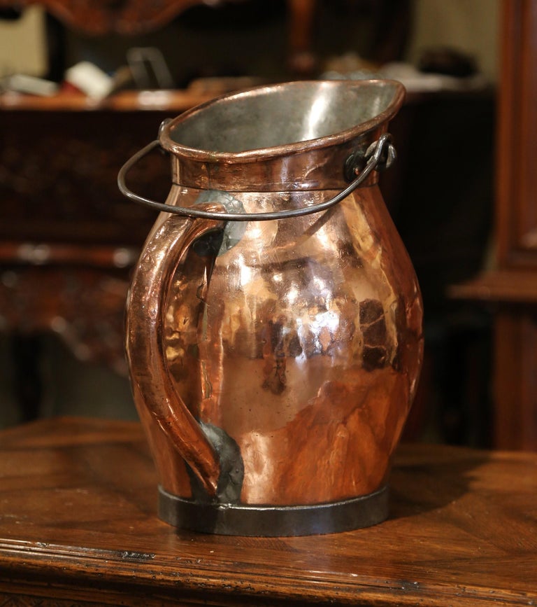 19th Century French Polished Copper and Iron Decorative Coal Bucket For