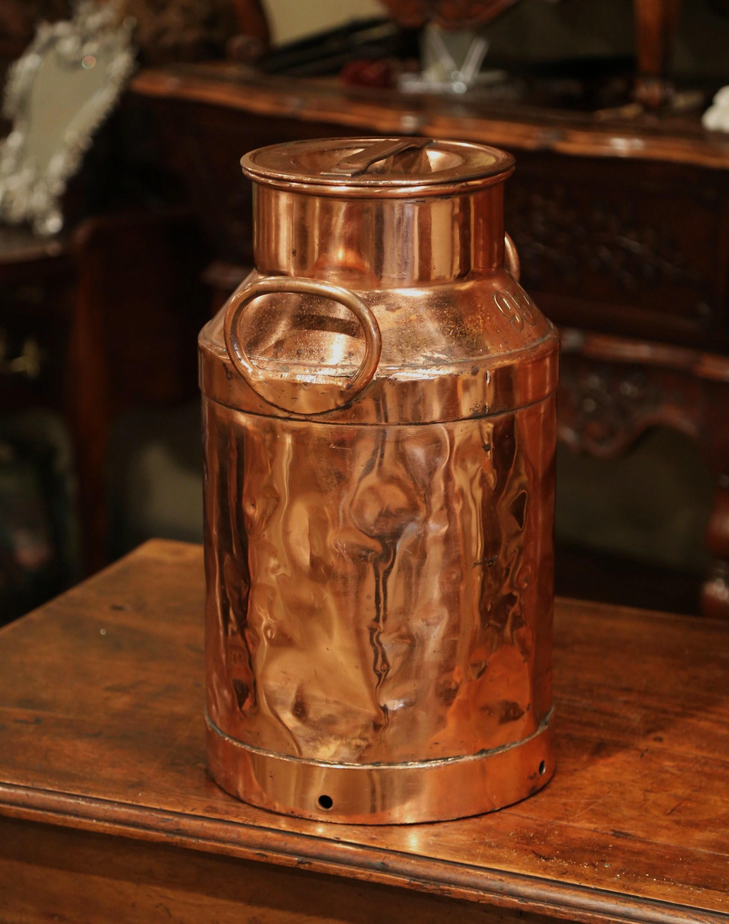 Country 19th Century French Polished Copper Plated Milk Container with Handles and Lid