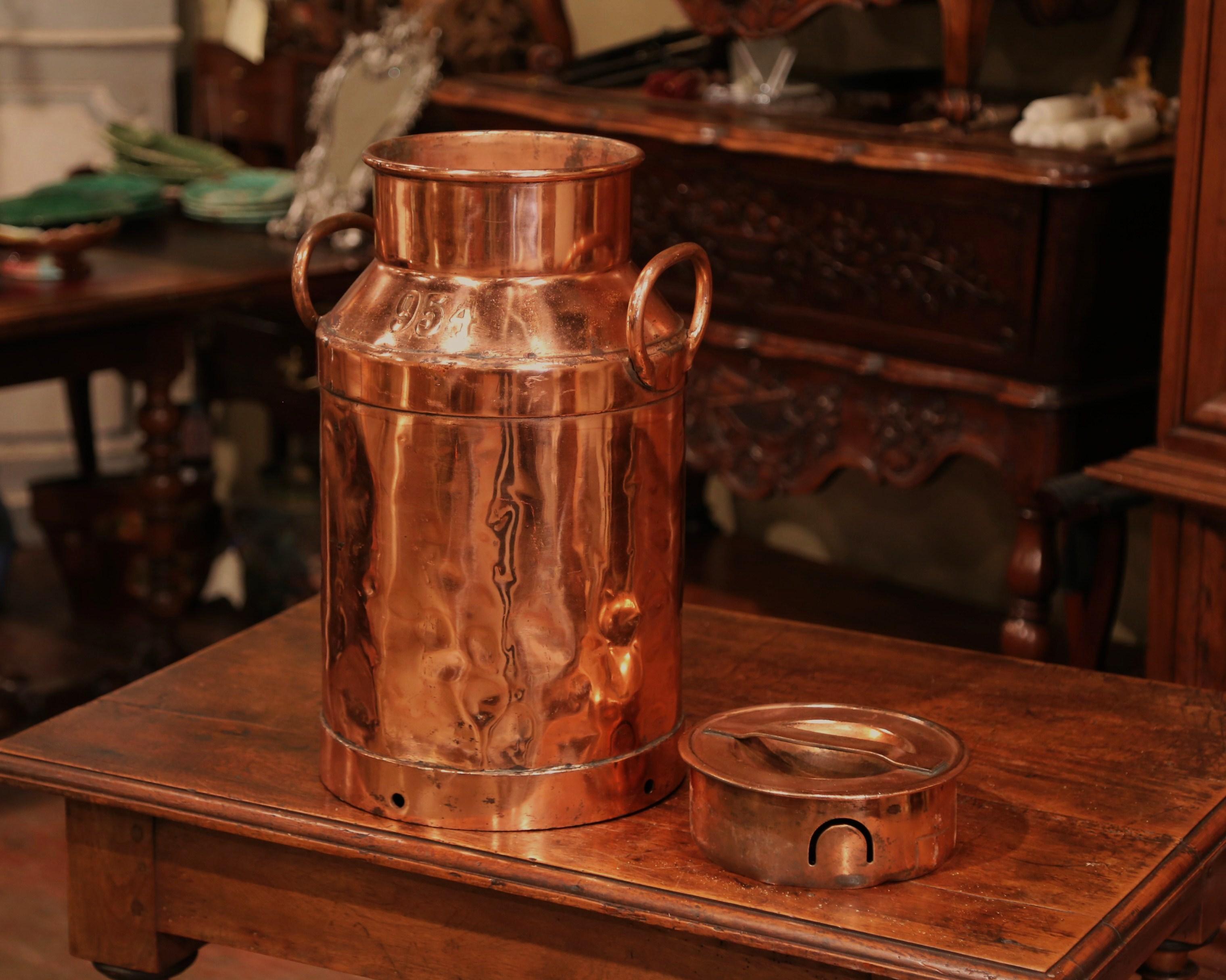 Hand-Crafted 19th Century French Polished Copper Plated Milk Container with Handles and Lid