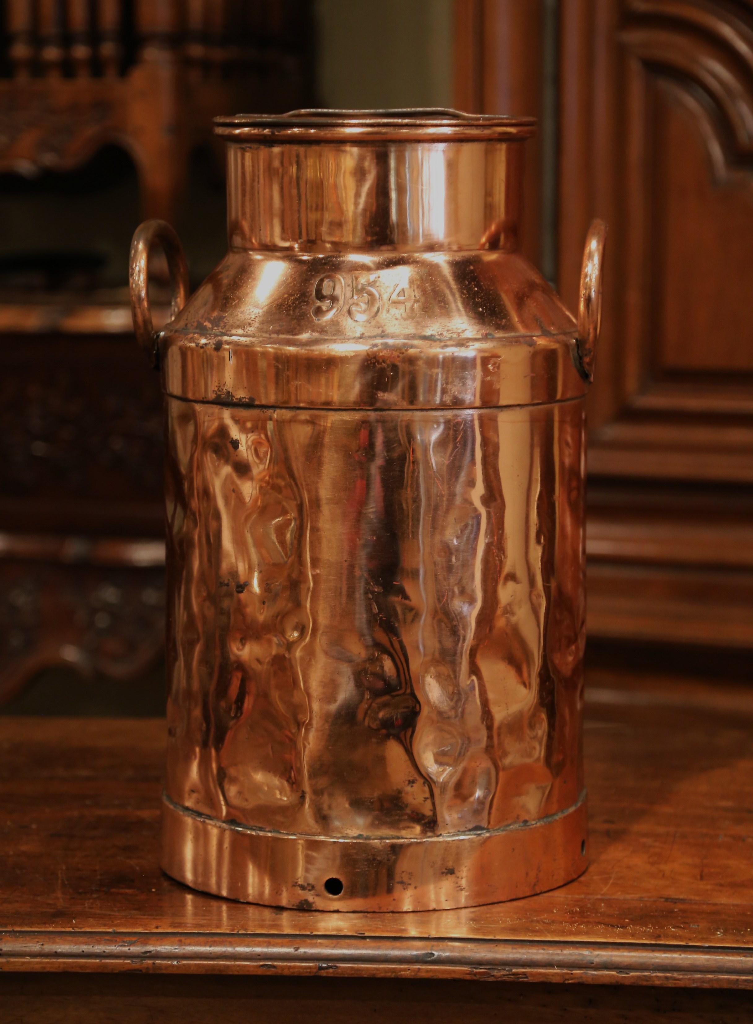 19th Century French Polished Copper Plated Milk Container with Handles and Lid In Excellent Condition In Dallas, TX
