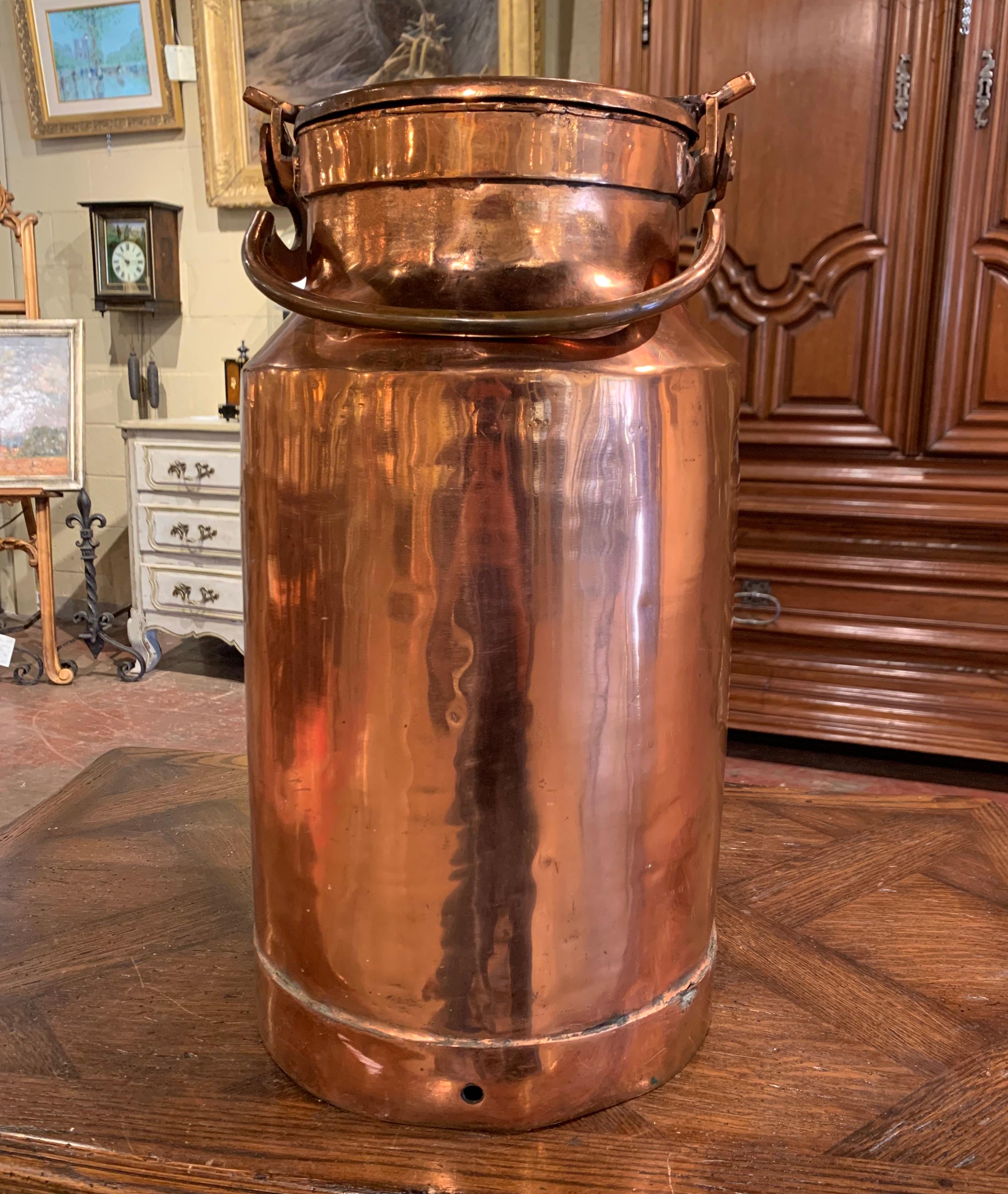 19th Century French Polished Copper Plated Milk Container with Removable Lid In Excellent Condition In Dallas, TX