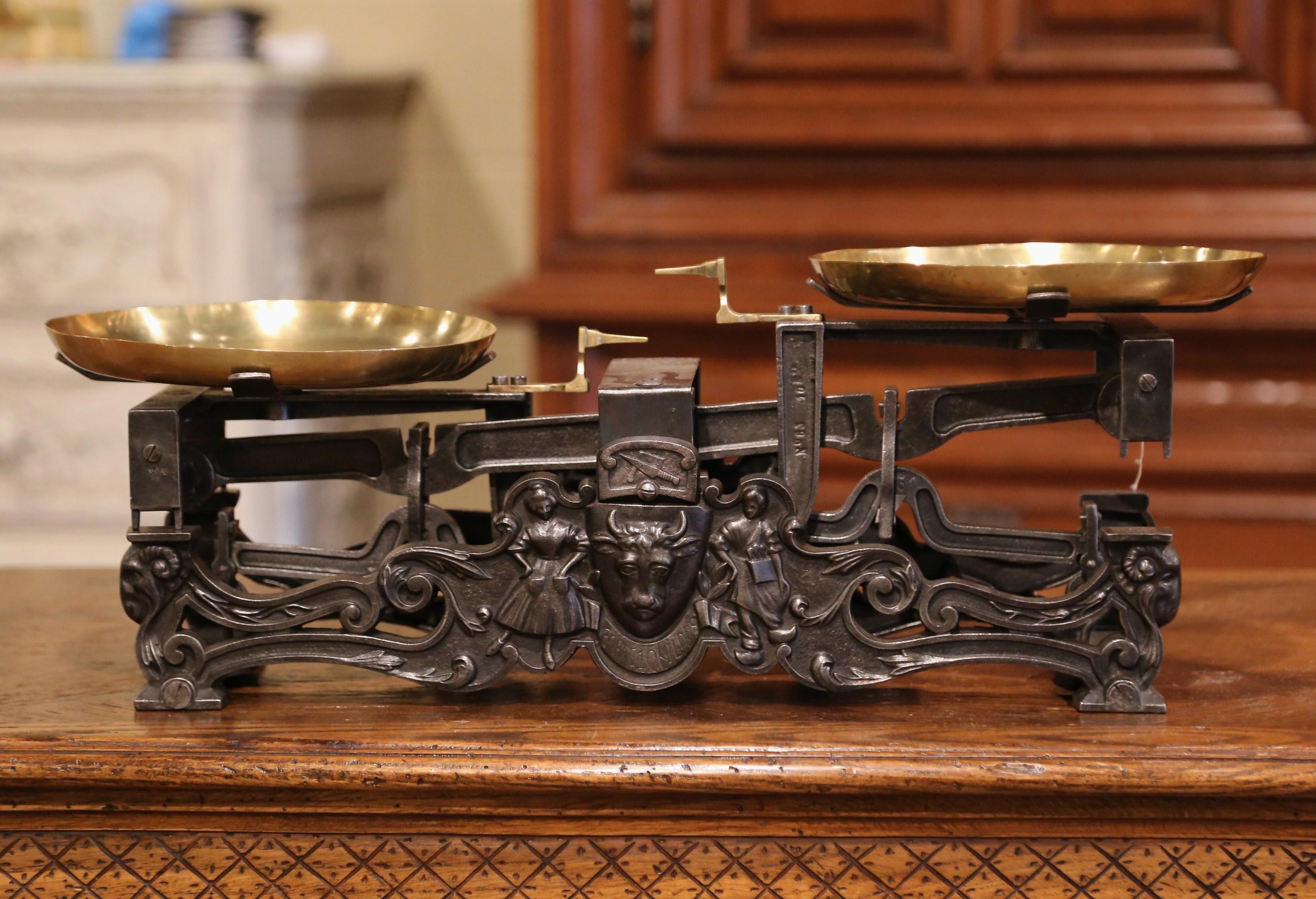 19th Century French Polished Iron and Brass Scale with Cow and Ram Decor In Excellent Condition In Dallas, TX