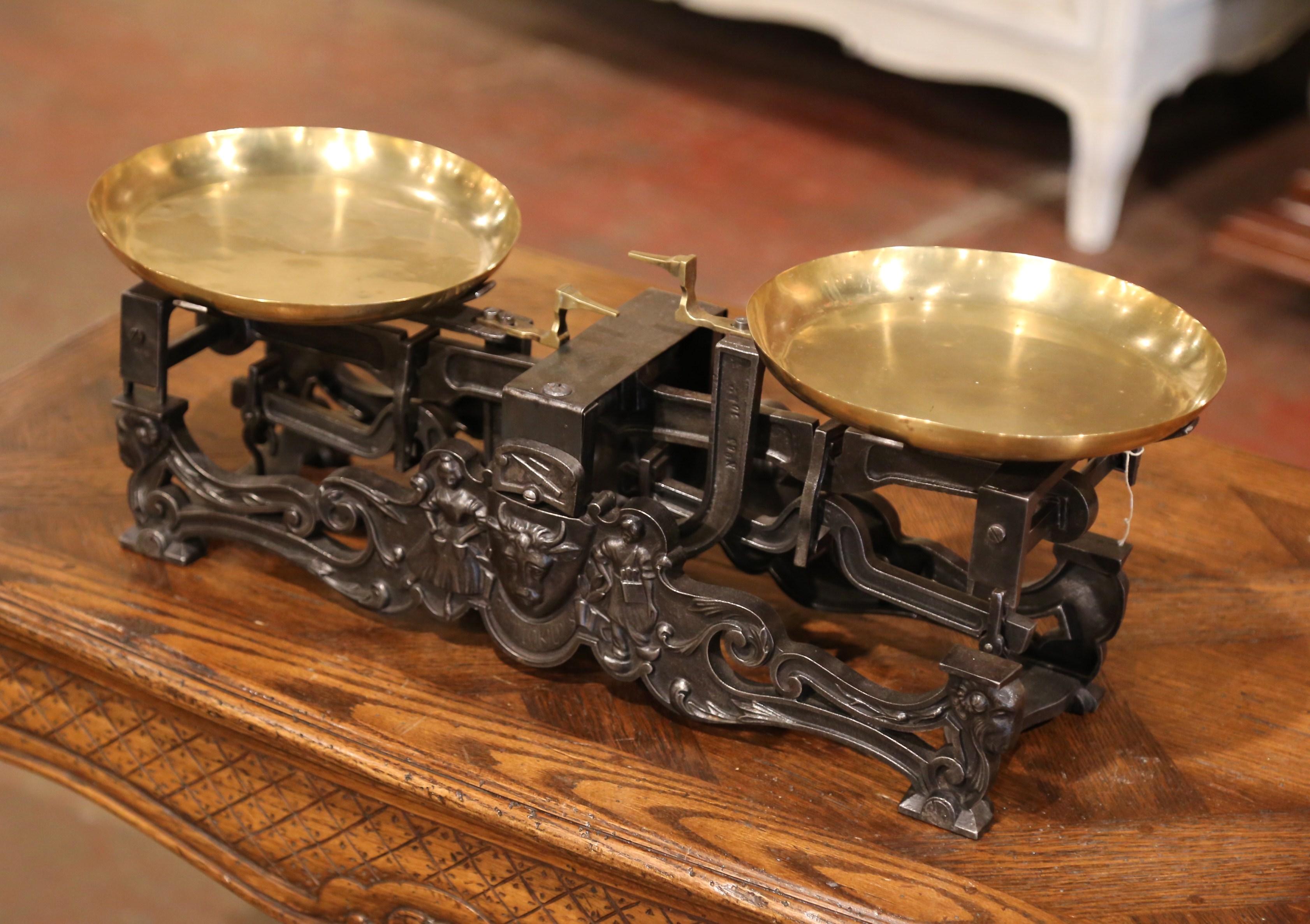 19th Century French Polished Iron and Brass Scale with Cow and Ram Decor 3