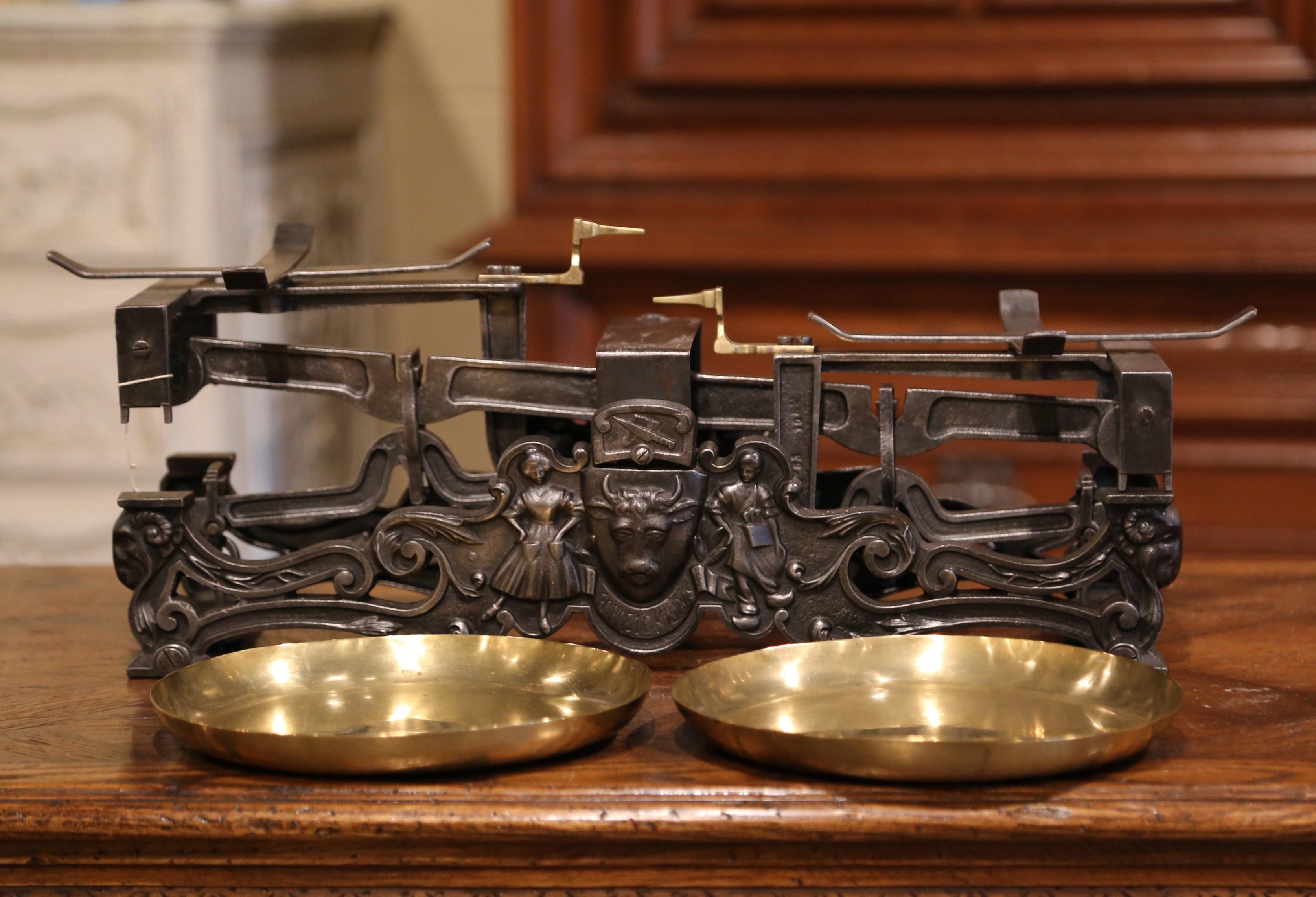 19th Century French Polished Iron and Brass Scale with Cow and Ram Decor 4
