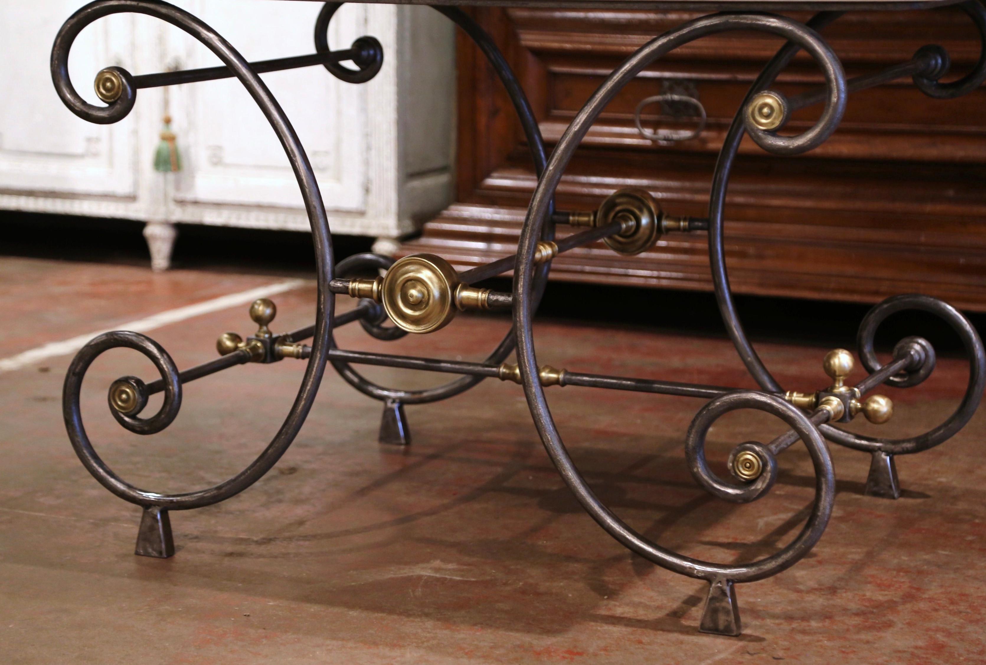 Forged 19th Century French Polished Iron and Bronze Pastry Table with Marble Top