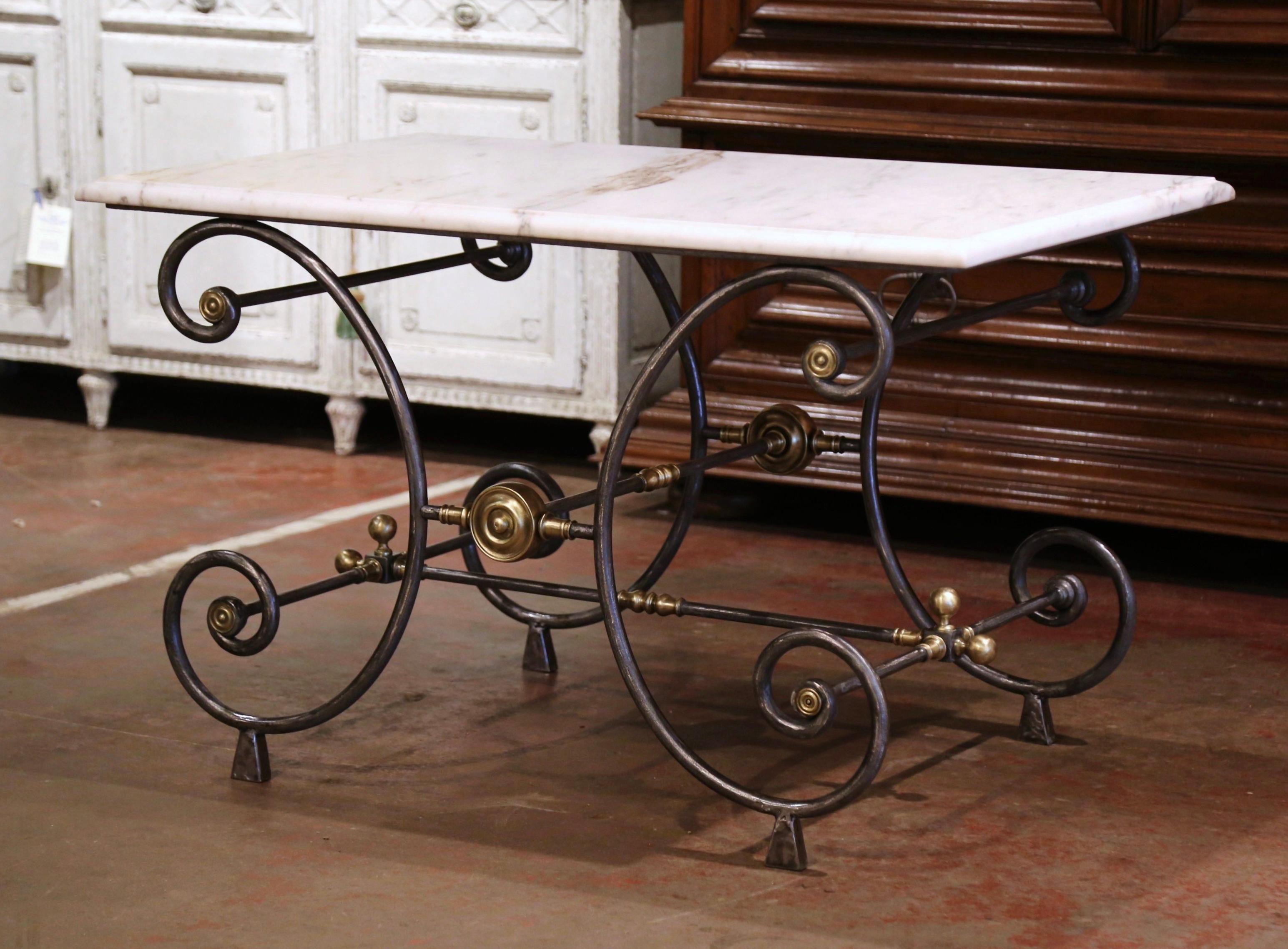 19th Century French Polished Iron and Bronze Pastry Table with Marble Top In Excellent Condition In Dallas, TX