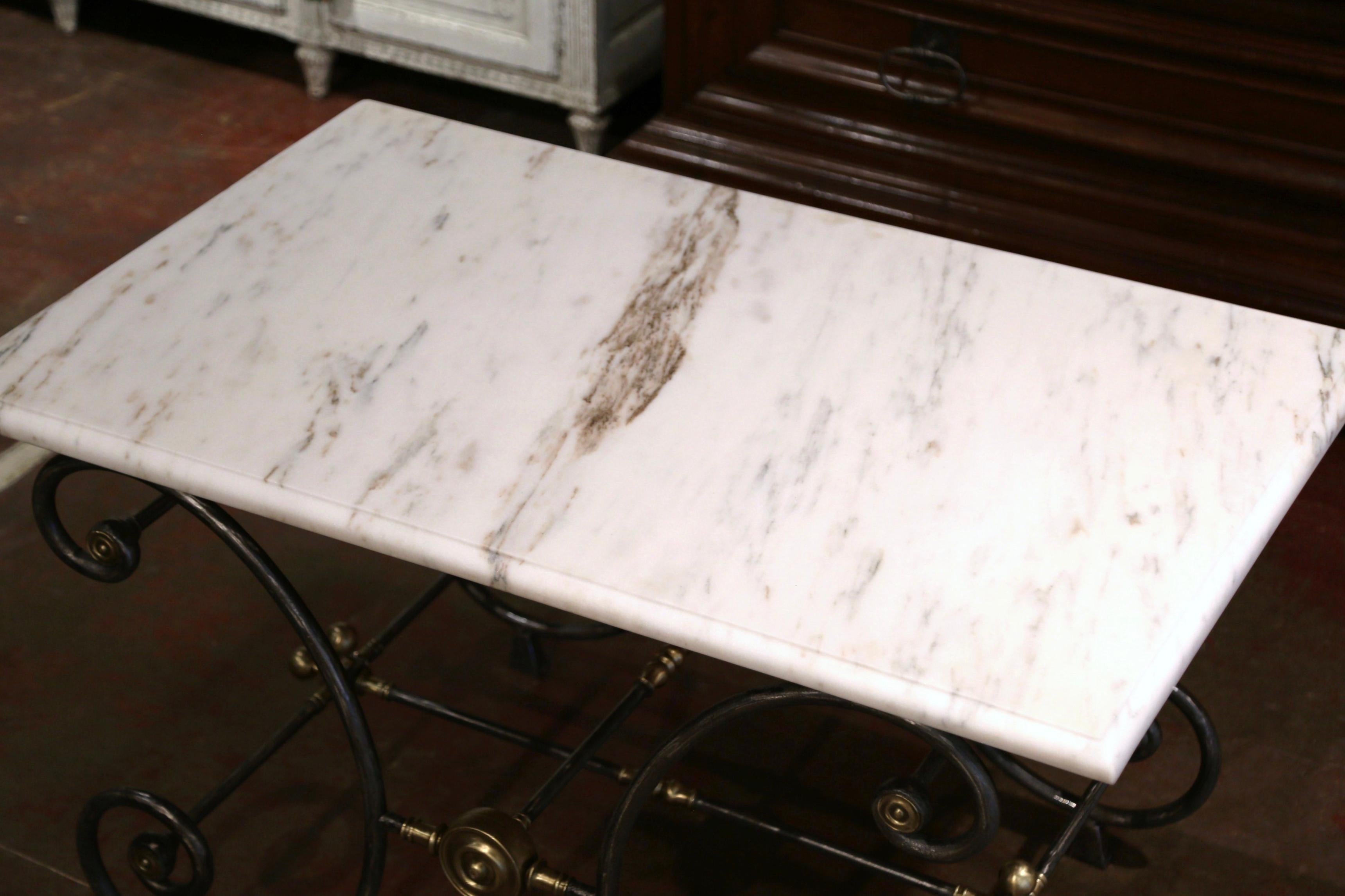 Brass 19th Century French Polished Iron and Bronze Pastry Table with Marble Top