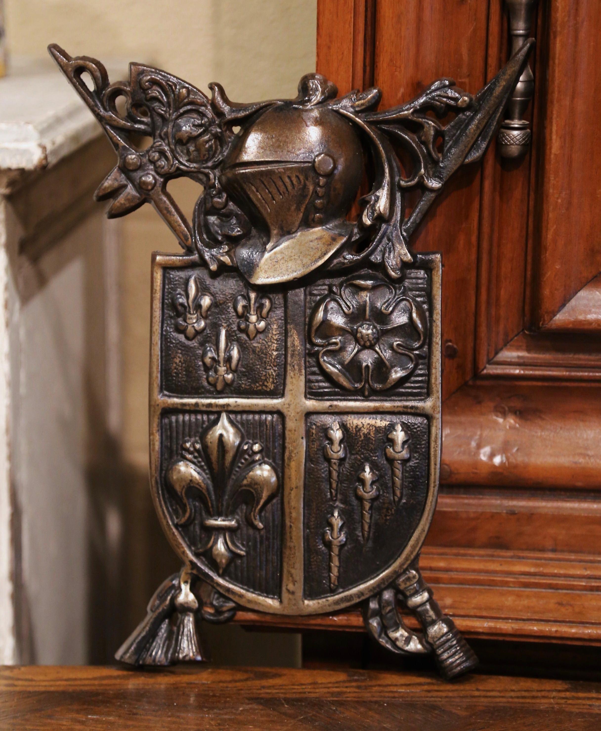 Hand-Carved 19th Century French Polished Iron Armorial Wall Plaque with Fleur-de-Lys Motifs