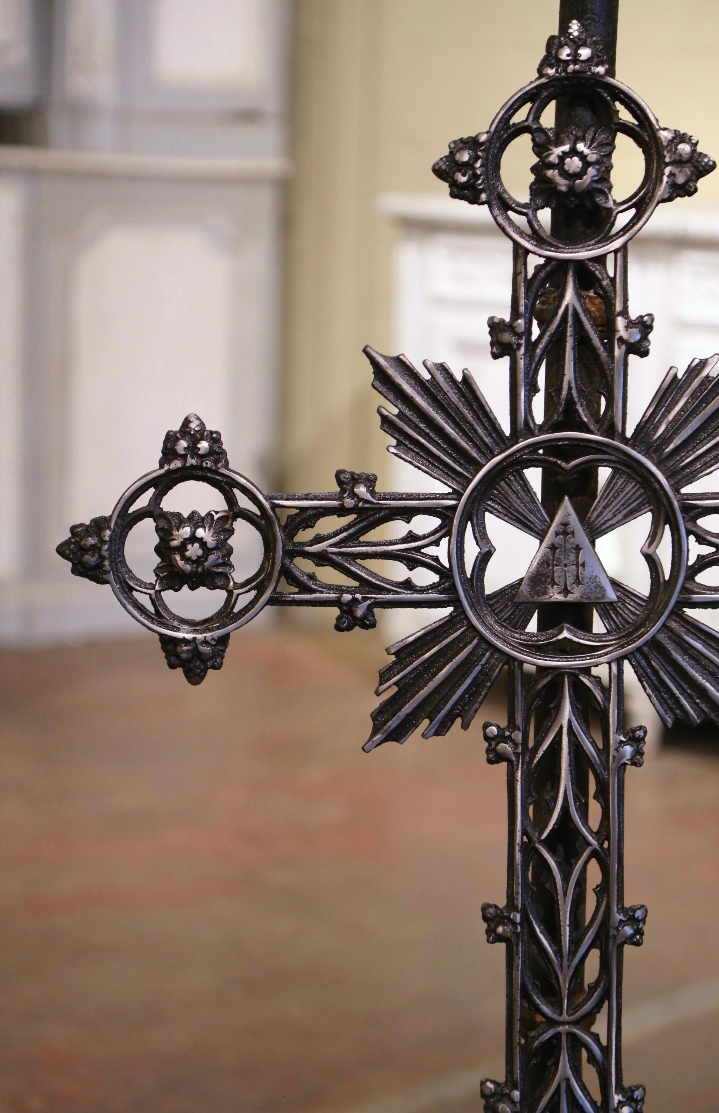 Hand-Crafted 19th Century, French Polished Iron Catholic Cross with Virgin Mary Mourning