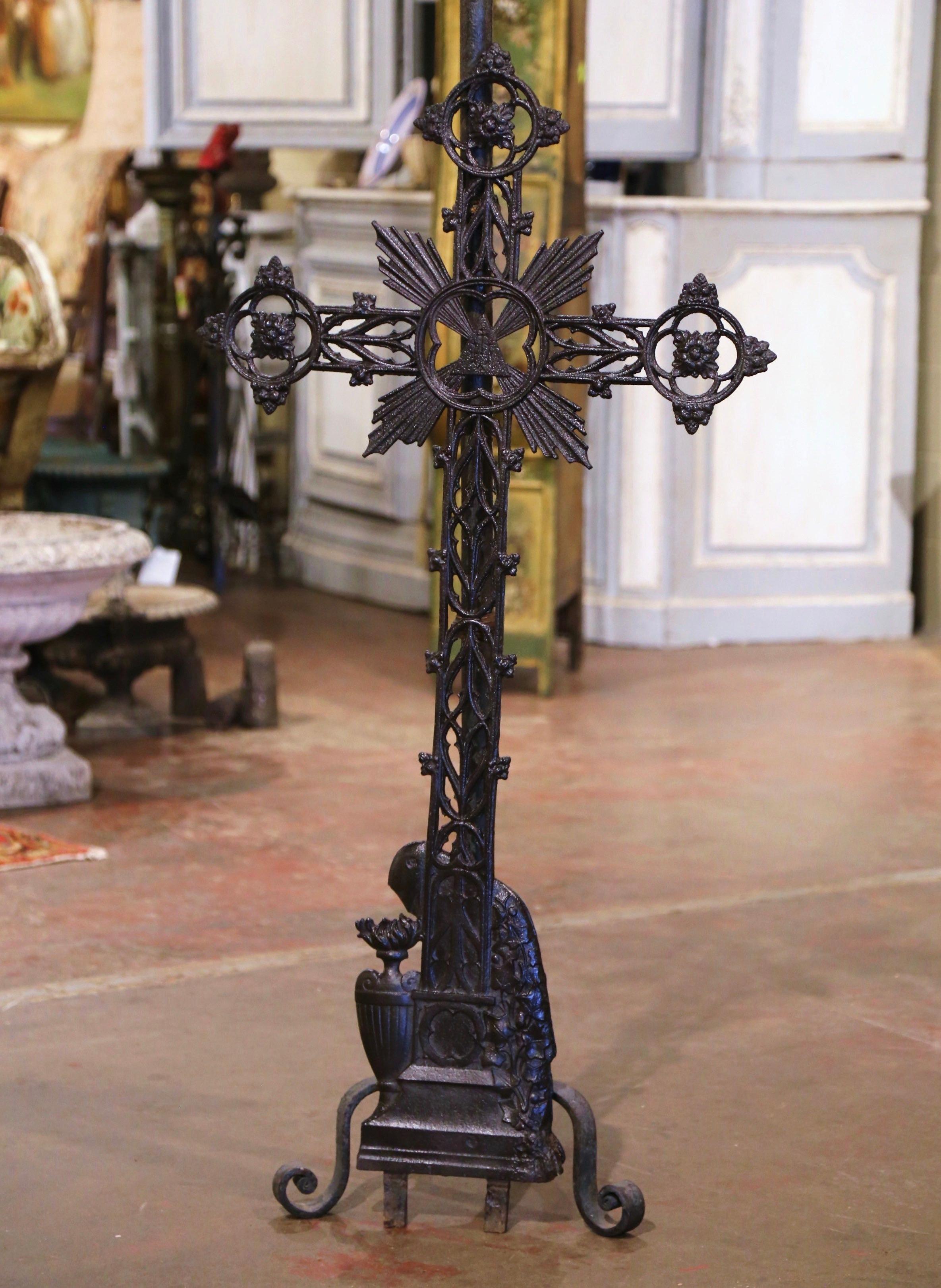 19th Century, French Polished Iron Catholic Cross with Virgin Mary Mourning 1
