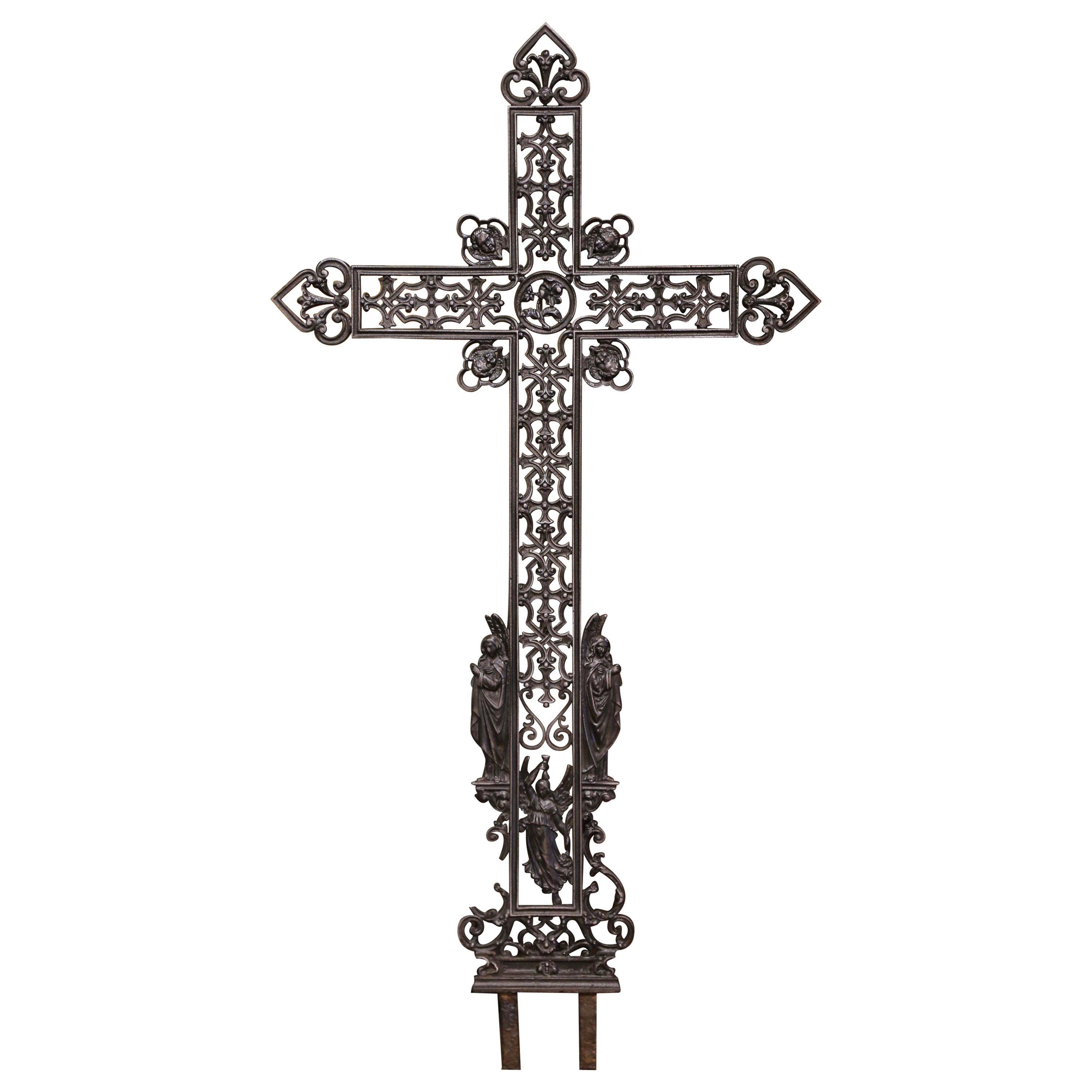 19th Century French Polished Iron Garden Cross with Cherubs and Angels