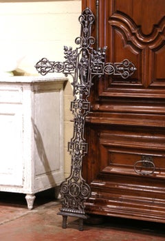19th Century French Polished Iron Garden Cross with Virgin Mary and Baby Jesus