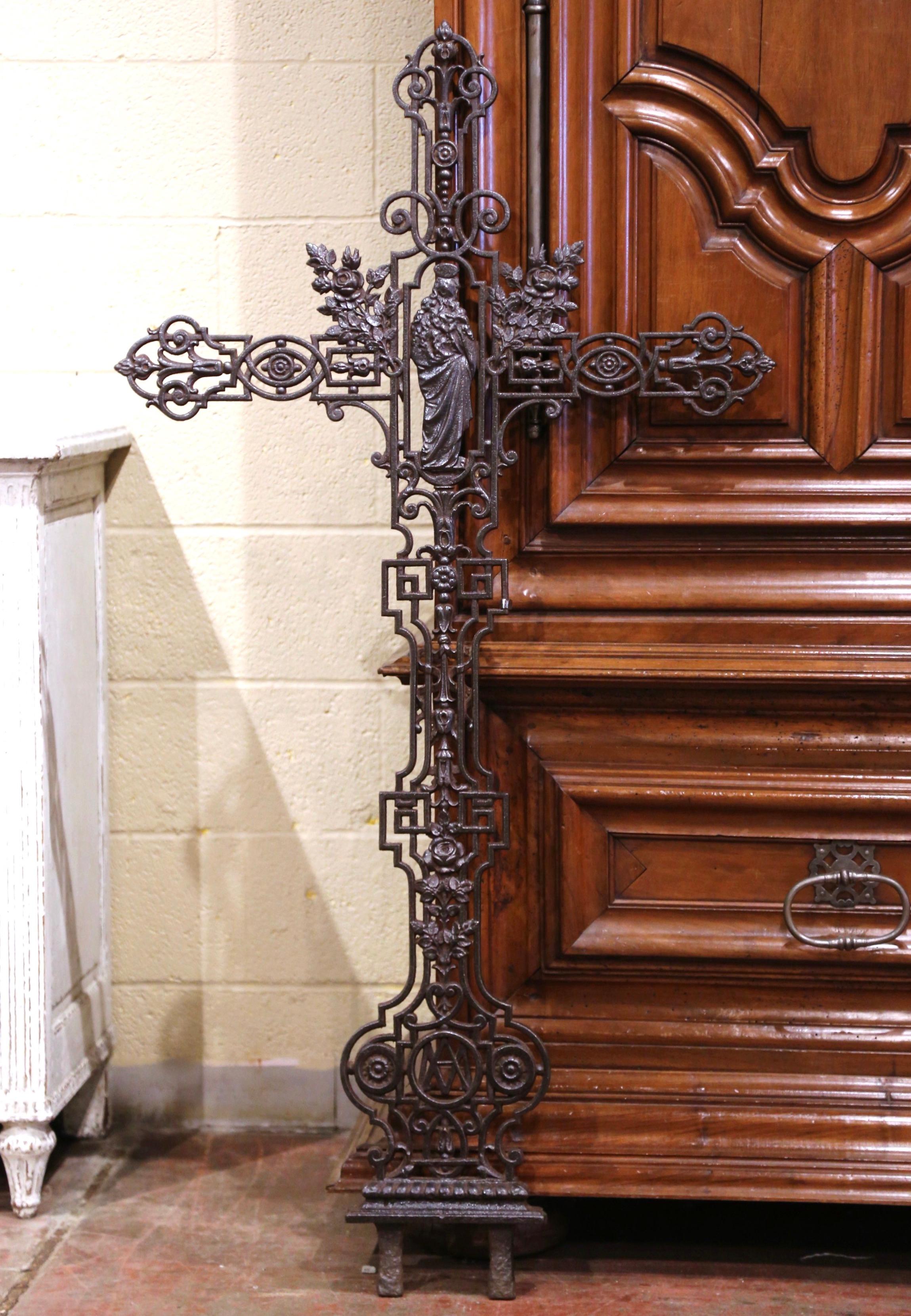 19th Century French Polished Iron Garden Cross with Virgin Mary and Baby Jesus 3