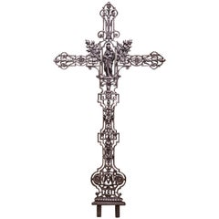 19th Century French Polished Iron Garden Cross with Virgin Mary and Baby Jesus