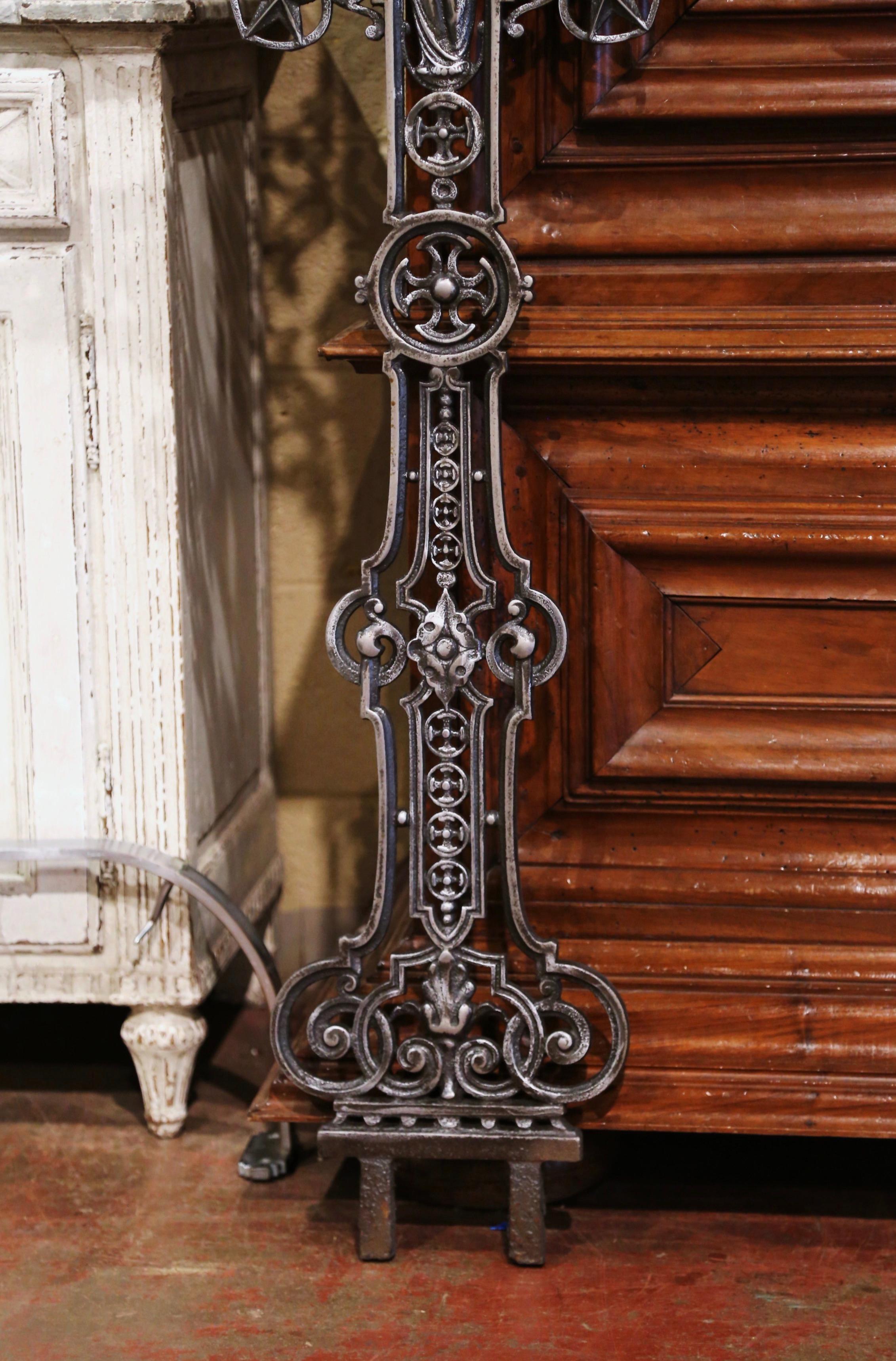 19th Century French Polished Iron Garden Cross with Virgin Mary Holding Jesus In Excellent Condition In Dallas, TX
