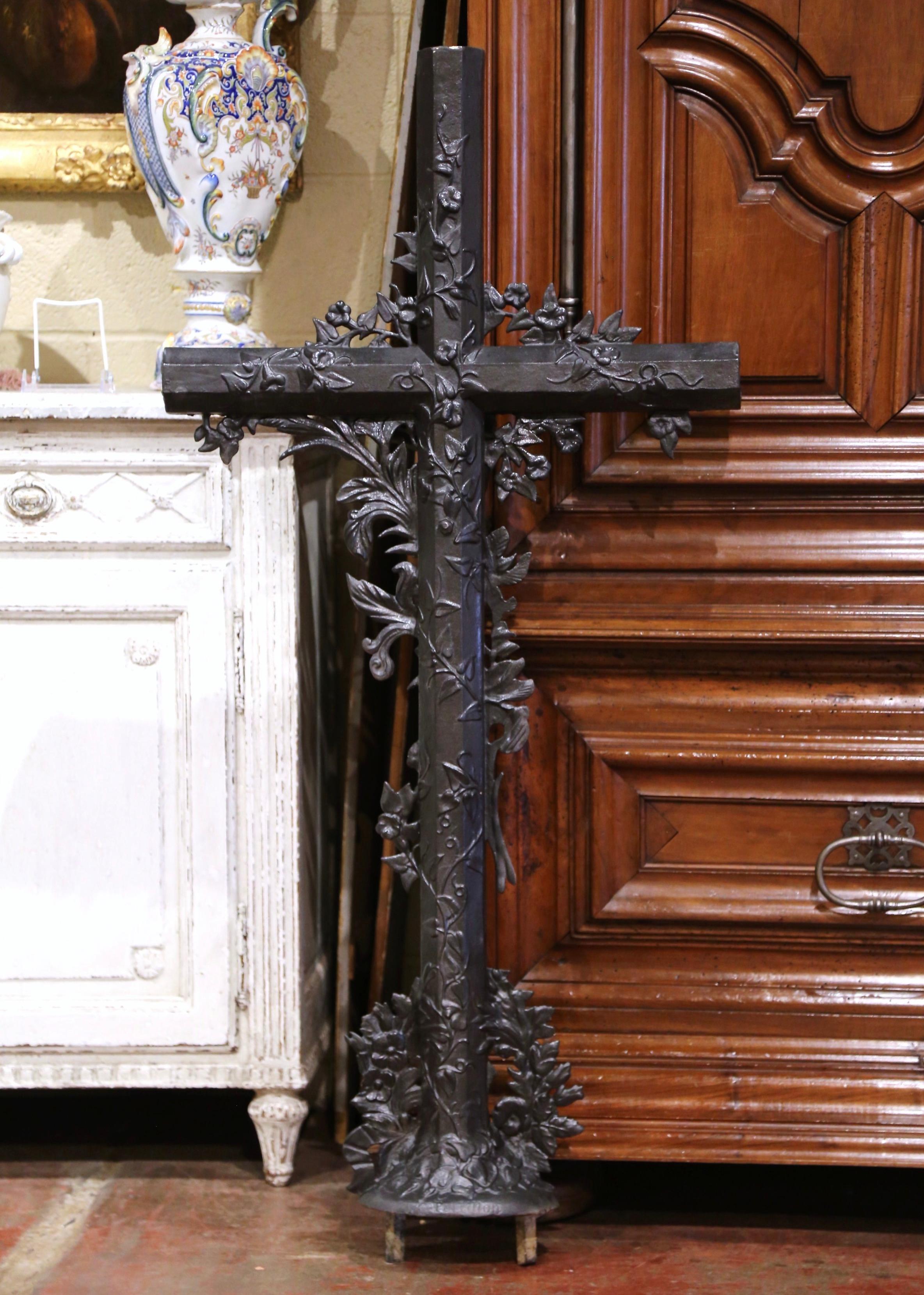 19th Century French Polished Iron Garden Crucifix Cross with Floral Motifs 6