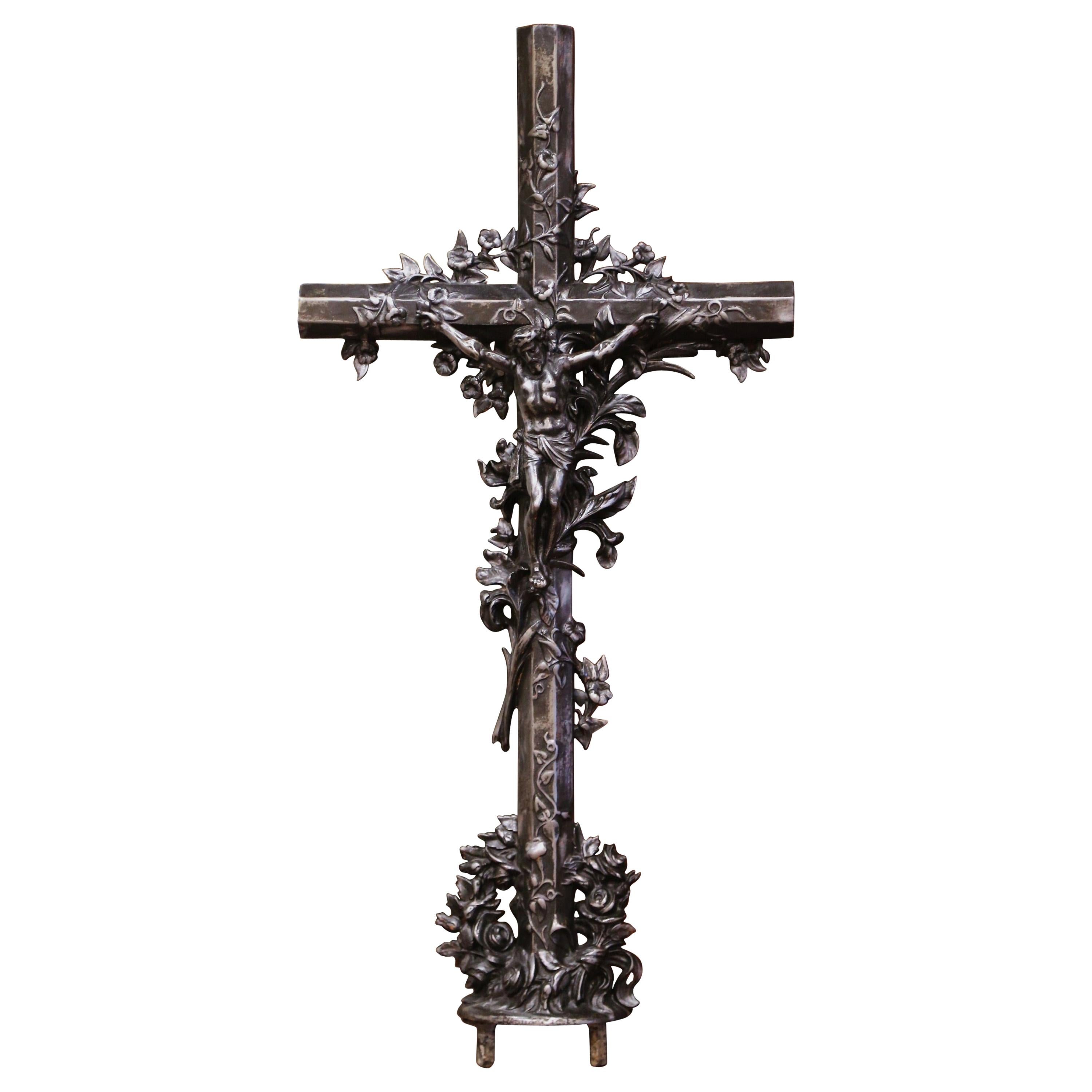 19th Century French Polished Iron Garden Crucifix Cross with Floral Motifs