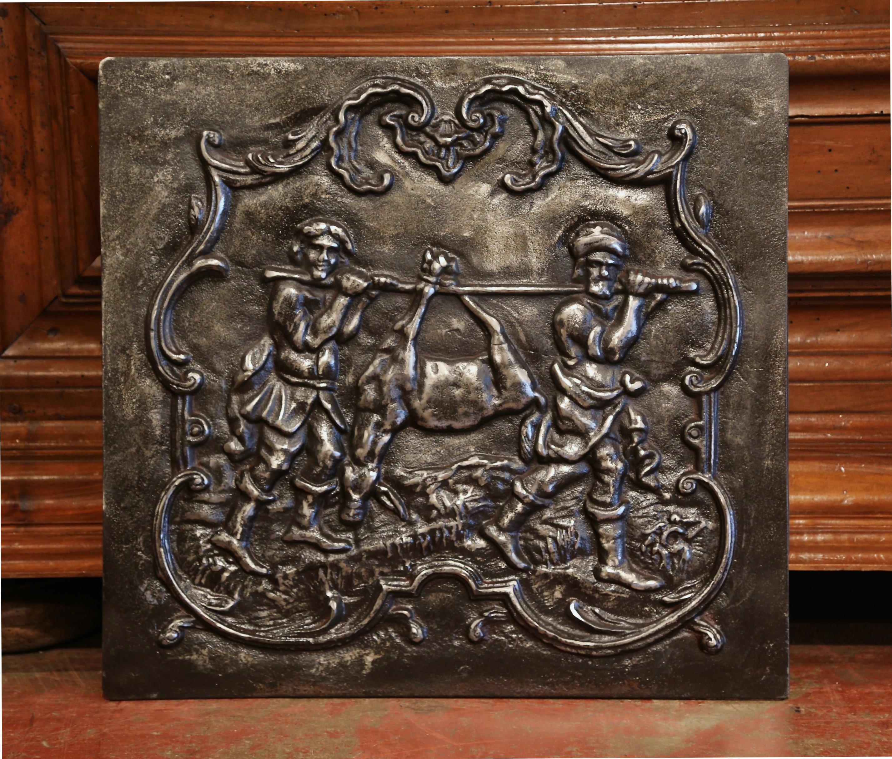 19th Century French Polished Iron Hunt Scene Fireback In Excellent Condition In Dallas, TX