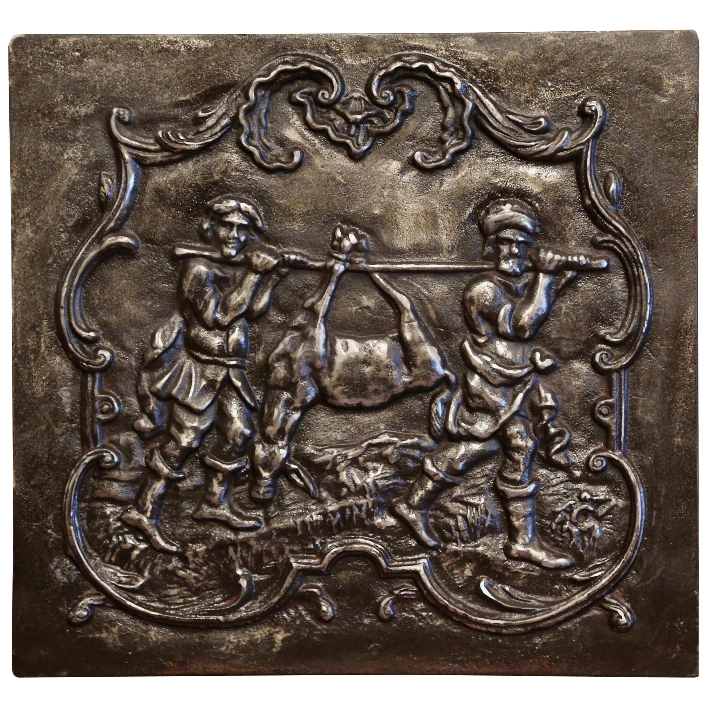 19th Century French Polished Iron Hunt Scene Fireback