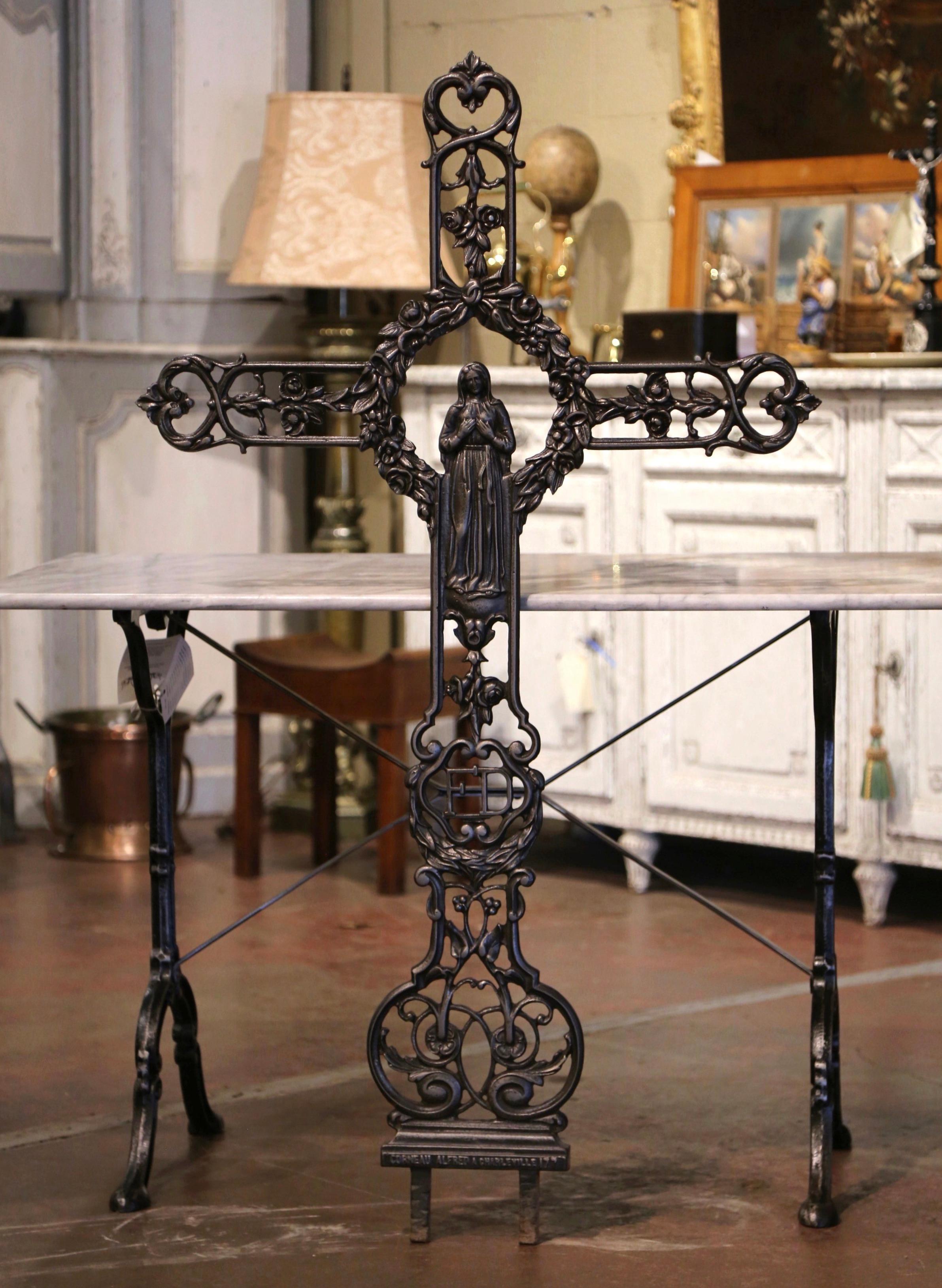 19th Century French Polished Iron Virgin Mary Garden Statue Signed A. Corneau In Excellent Condition In Dallas, TX
