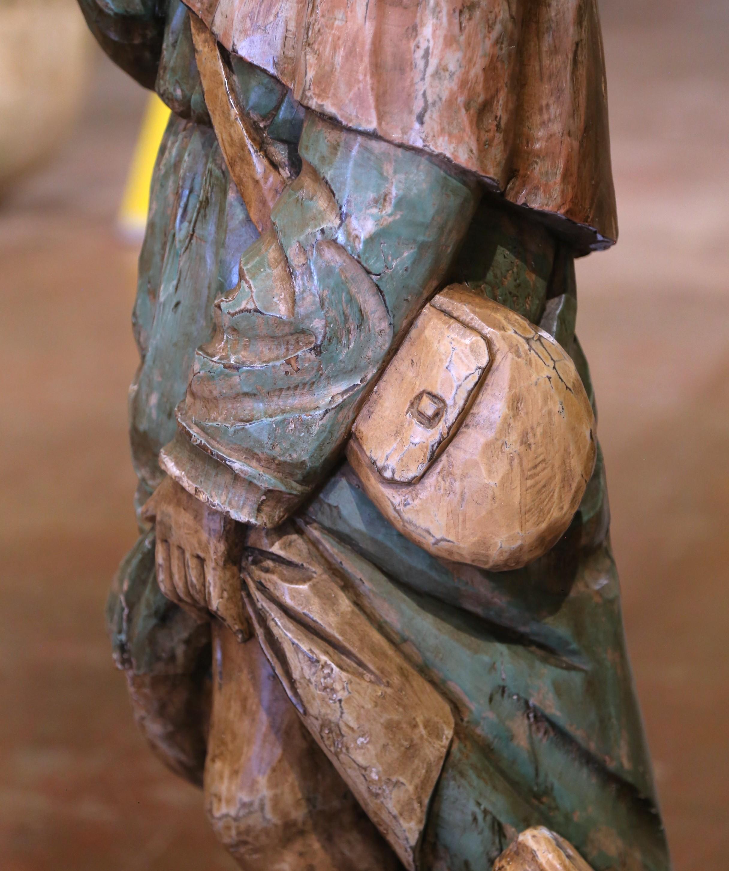 Estatua francesa del siglo XIX de San Roque tallada en madera policromada en Excelente estado para la venta en Dallas, TX
