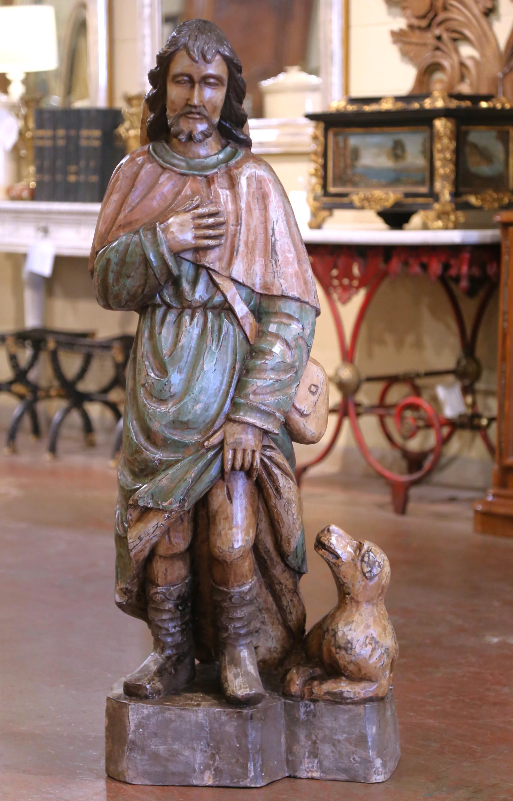 Estatua francesa del siglo XIX de San Roque tallada en madera policromada Roble en venta