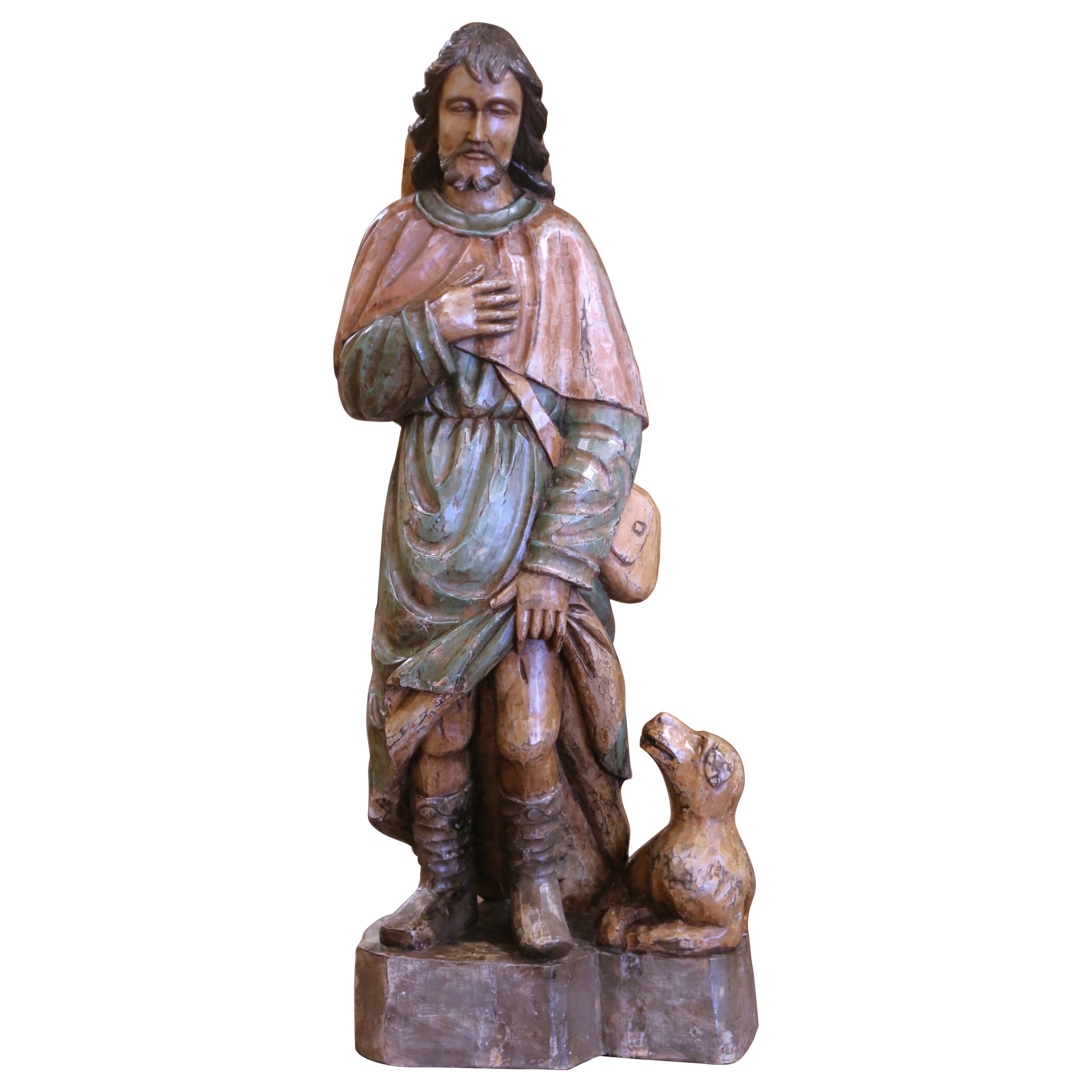Statue française du 19ème siècle en bois sculpté polychrome de Saint Roch