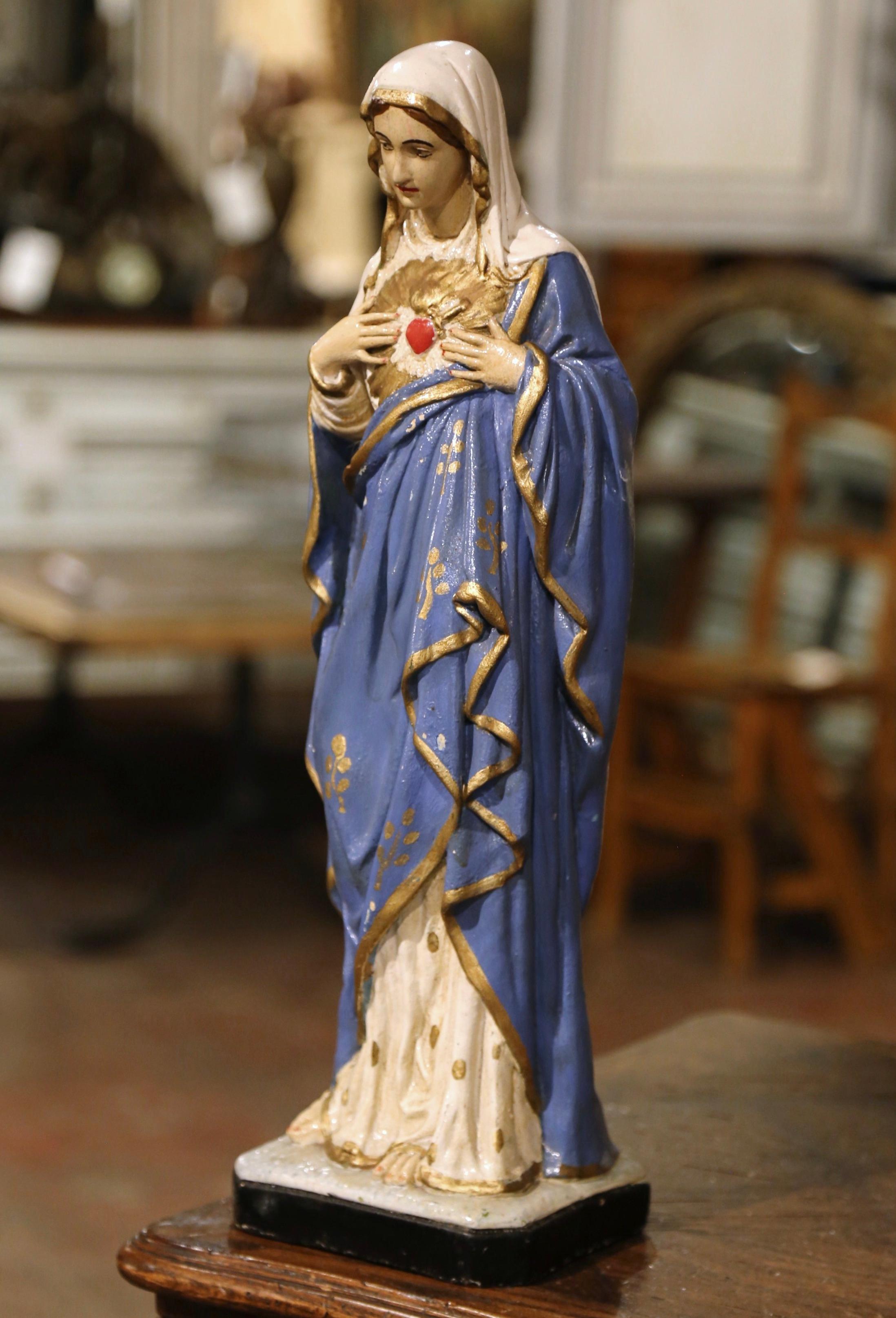 19th Century French Polychrome Statue of the Virgin Mary with Immaculate Heart  In Excellent Condition In Dallas, TX