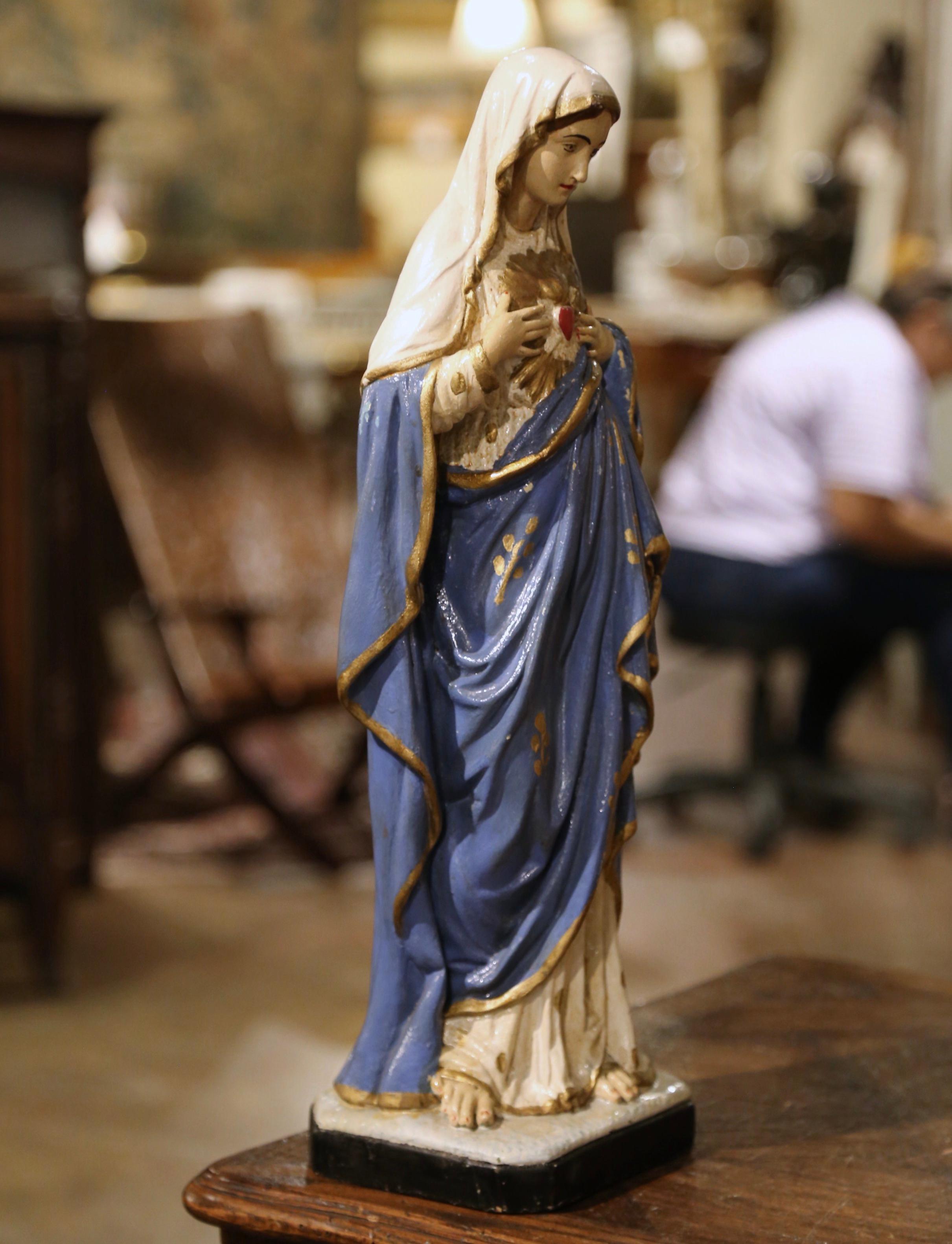 Terracotta 19th Century French Polychrome Statue of the Virgin Mary with Immaculate Heart 