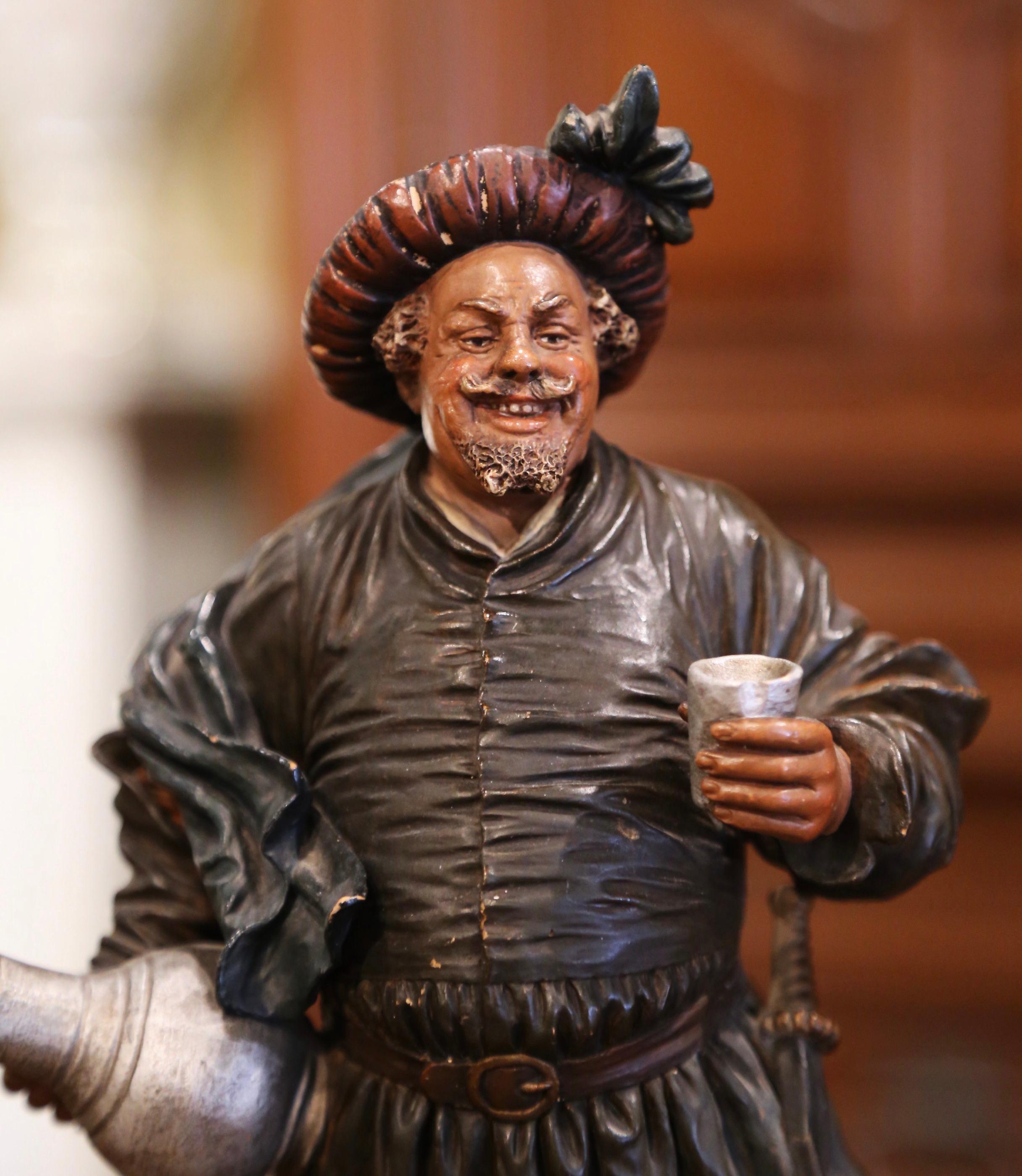 Hand-Crafted 19th Century French Polychrome Terracotta Musketeer Beer Drinker Figurine
