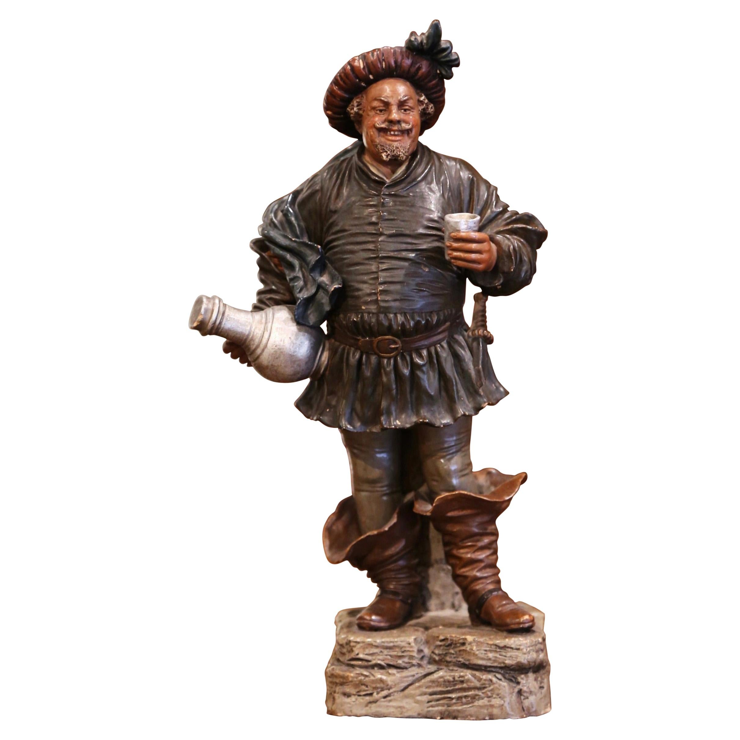 19th Century French Polychrome Terracotta Musketeer Beer Drinker Figurine