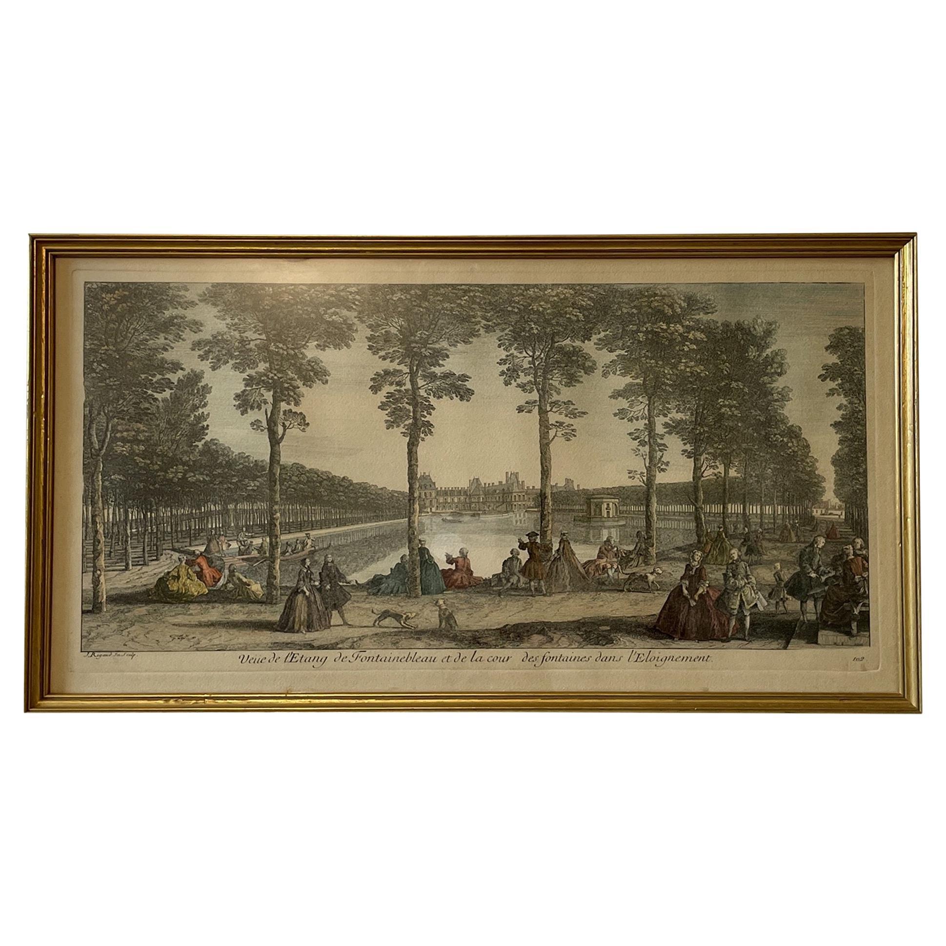 19th Century French Pond of Fountainebleau Scene Lithograph