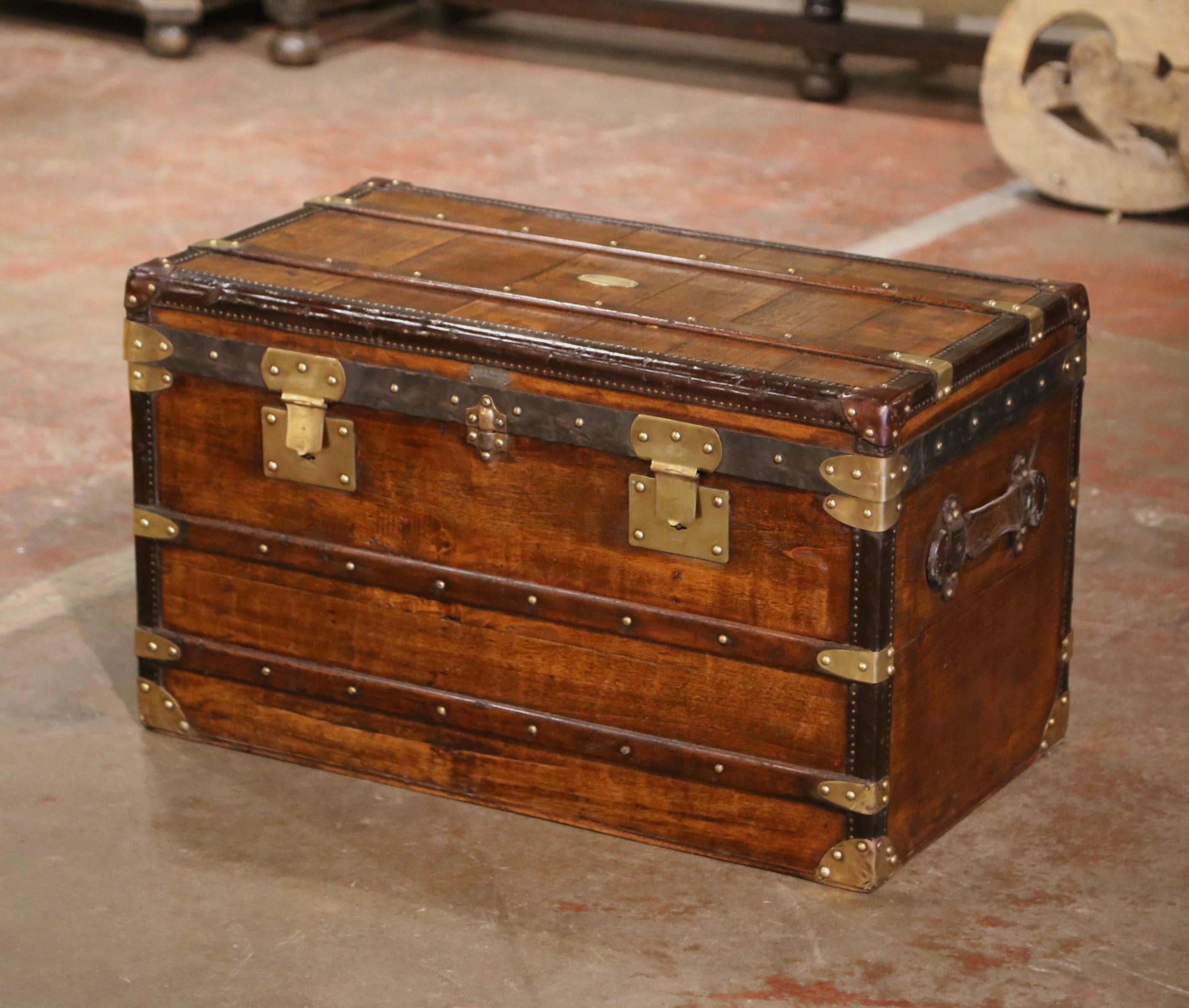 Hand-Crafted 19th Century French Poplar Brass & Leather Trunk Luggage by Maison Moynat, Paris