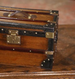 19th Century French Poplar Iron Brass and Leather Travel Trunk Jewelry Box
