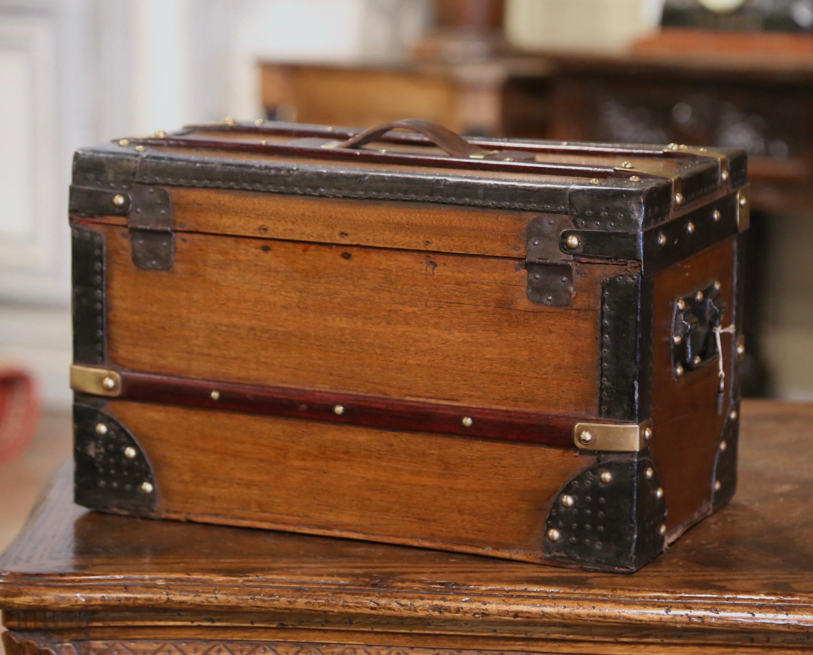 19th Century French Poplar Iron Brass and Leather Travel Trunk Jewelry Box For Sale 1