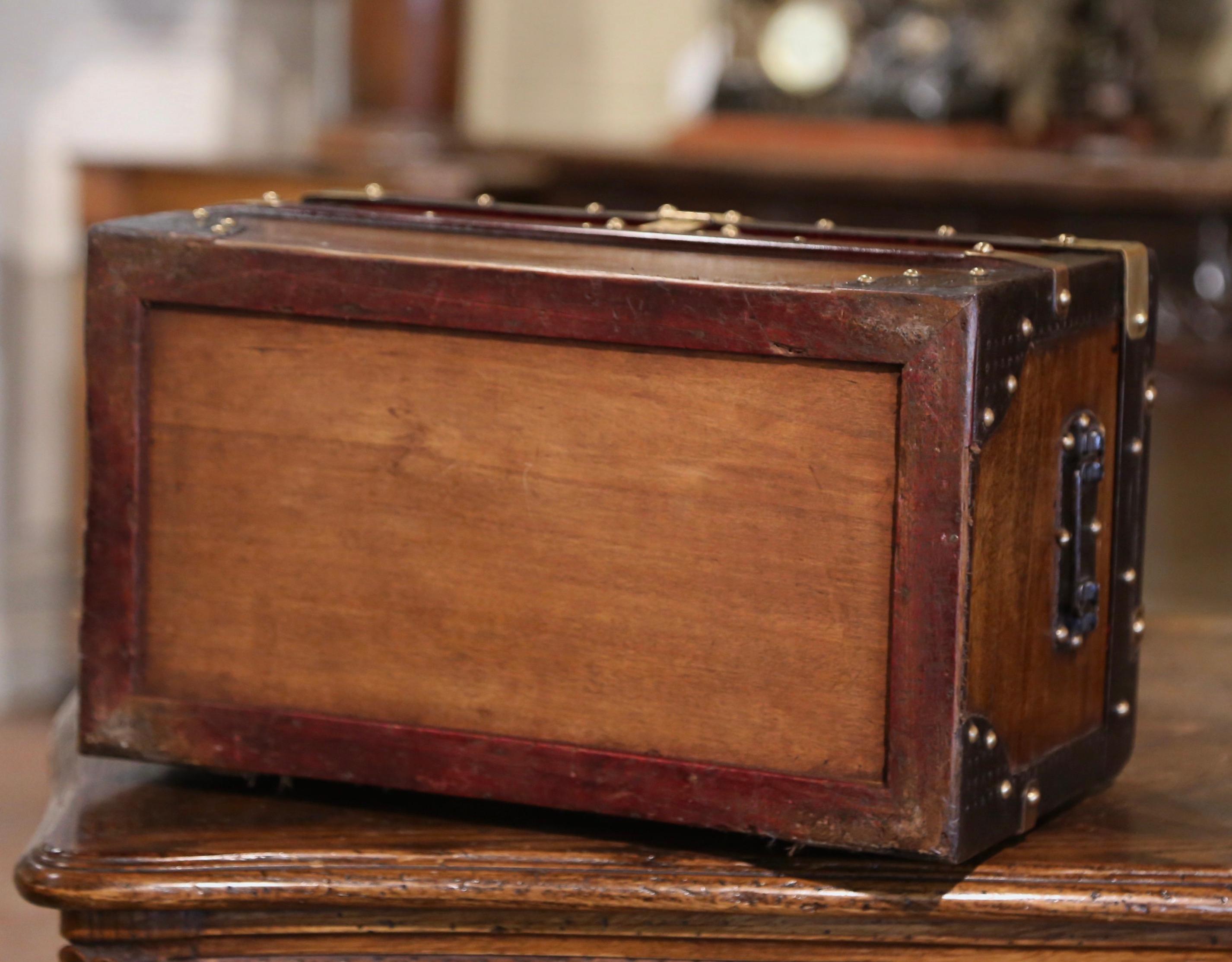 19th Century French Poplar Iron Brass and Leather Travel Trunk Jewelry Box For Sale 3