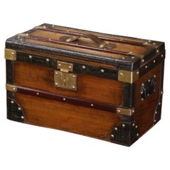Antique 19th Century French Poplar Iron Brass and Leather Travel Trunk Jewelry Box