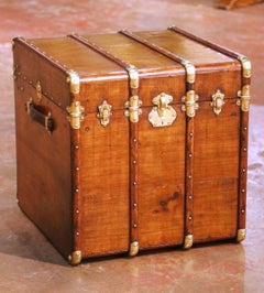 19th Century French Poplar Travel Trunk with Brass Hardware and Leather Handles