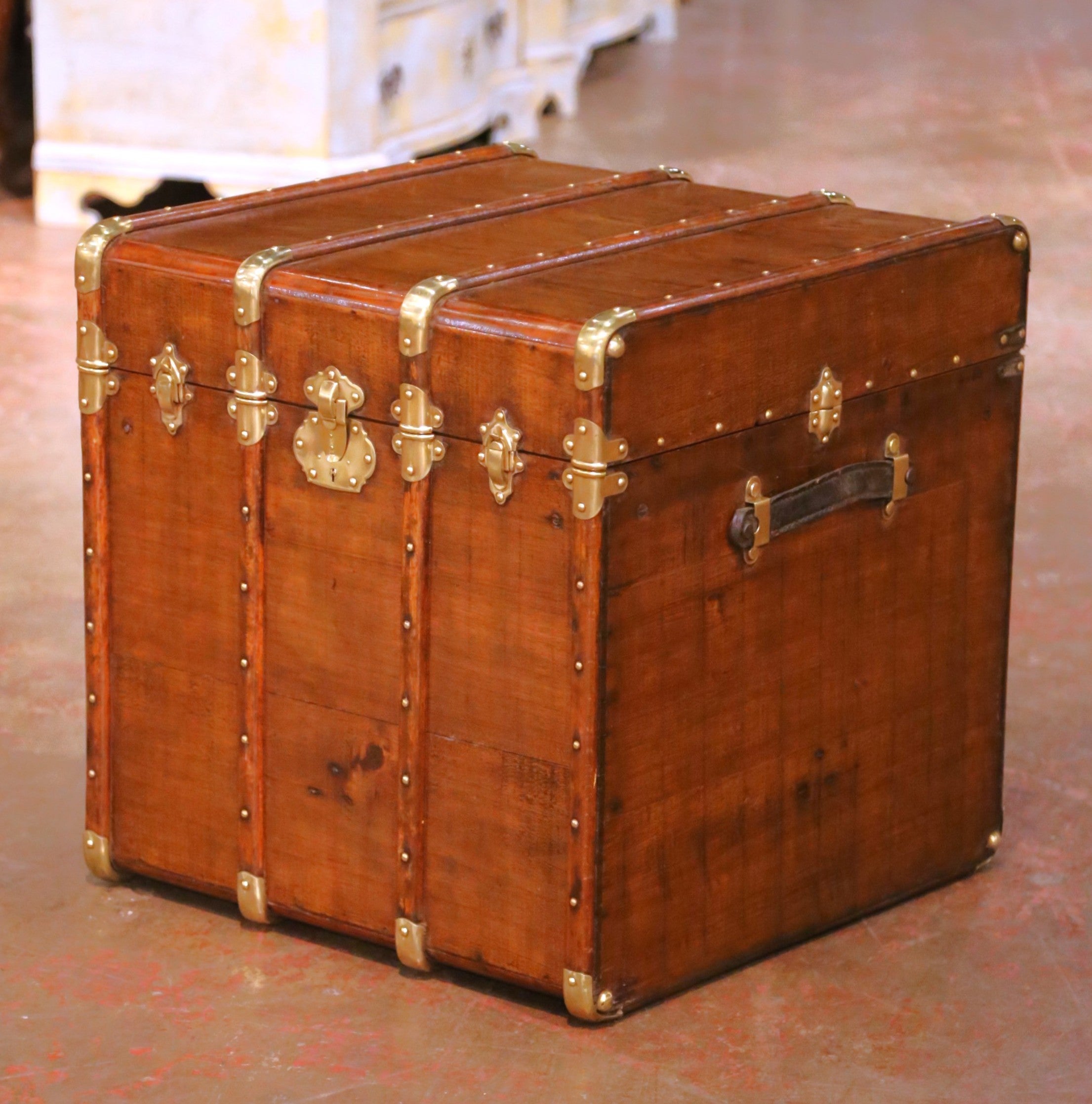 19th Century French Poplar Travel Trunk with Brass Hardware and Leather Handles For Sale